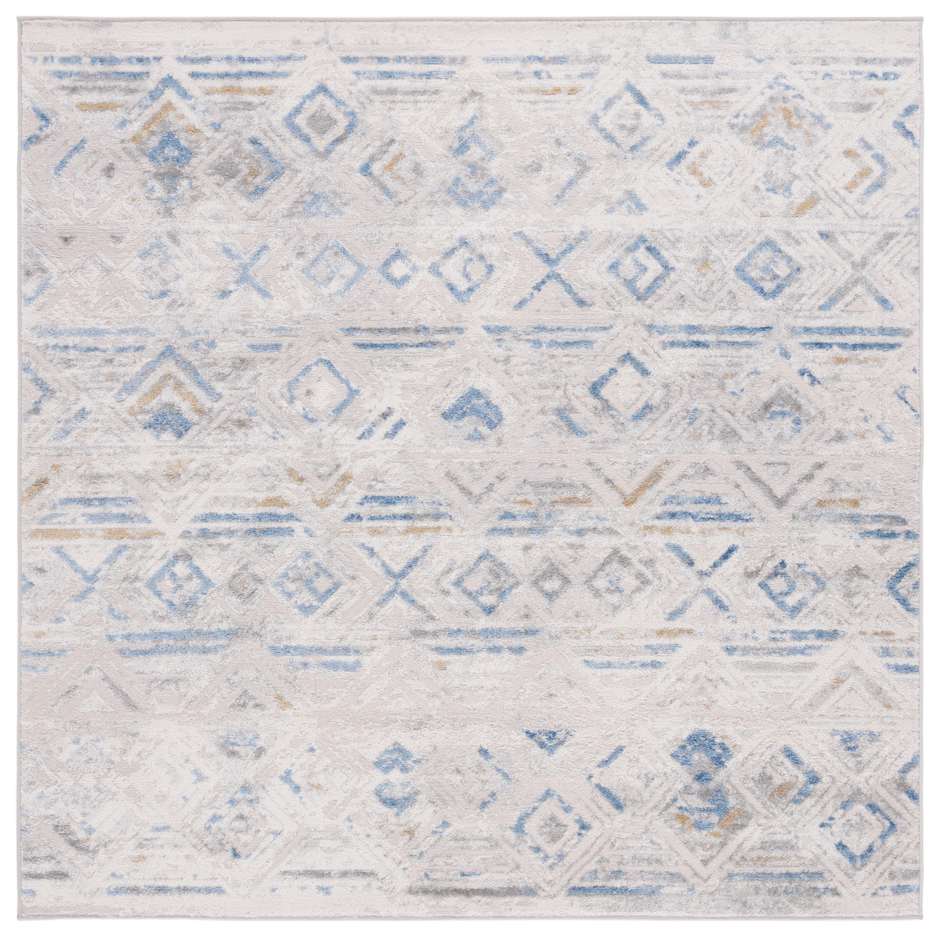 Beige and Light Blue Synthetic Square Area Rug