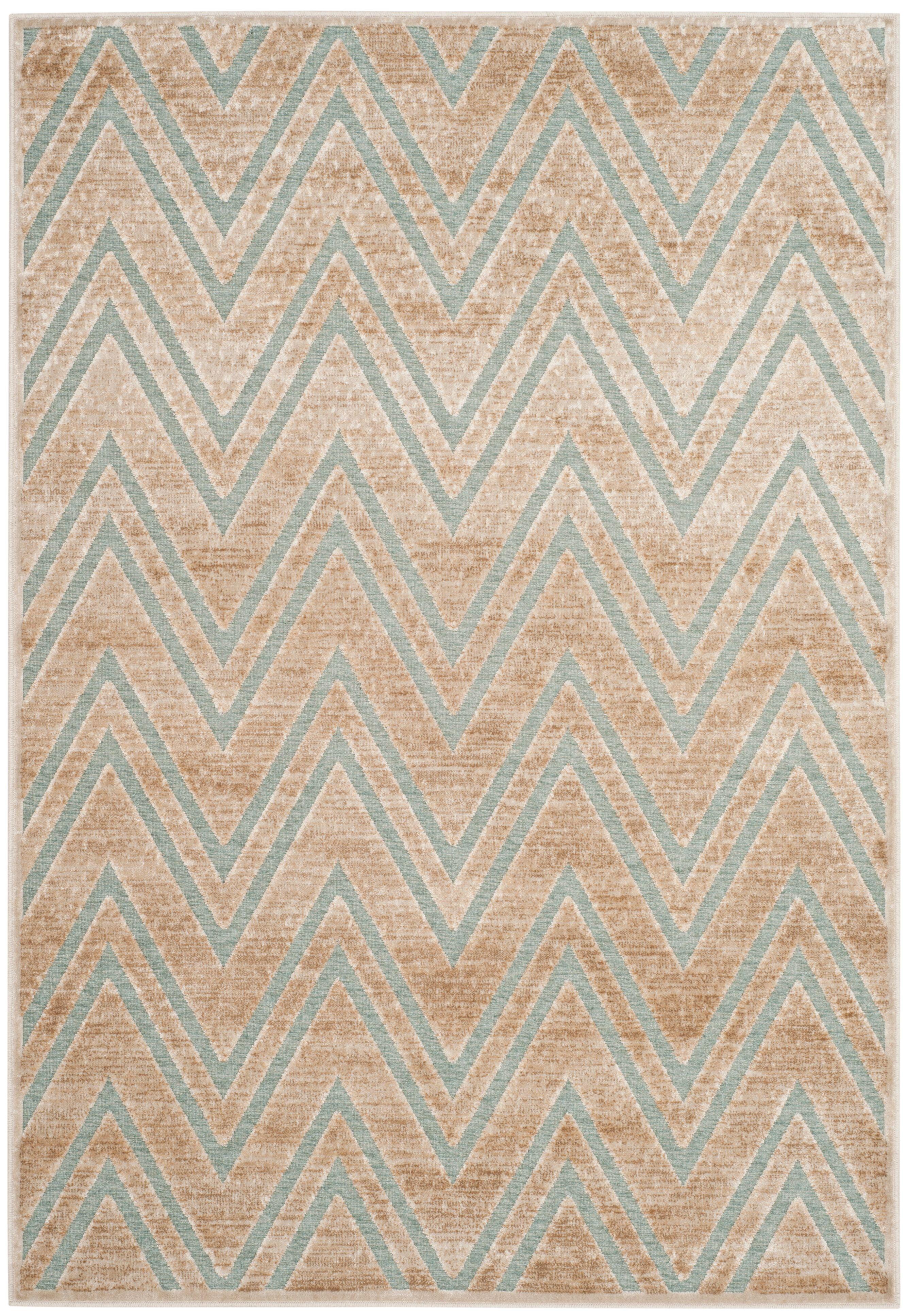 SAFAVIEH Paradise Bernadine Zigzag Stripes Area Rug, Stone/Aqua, 4' x 5'7"