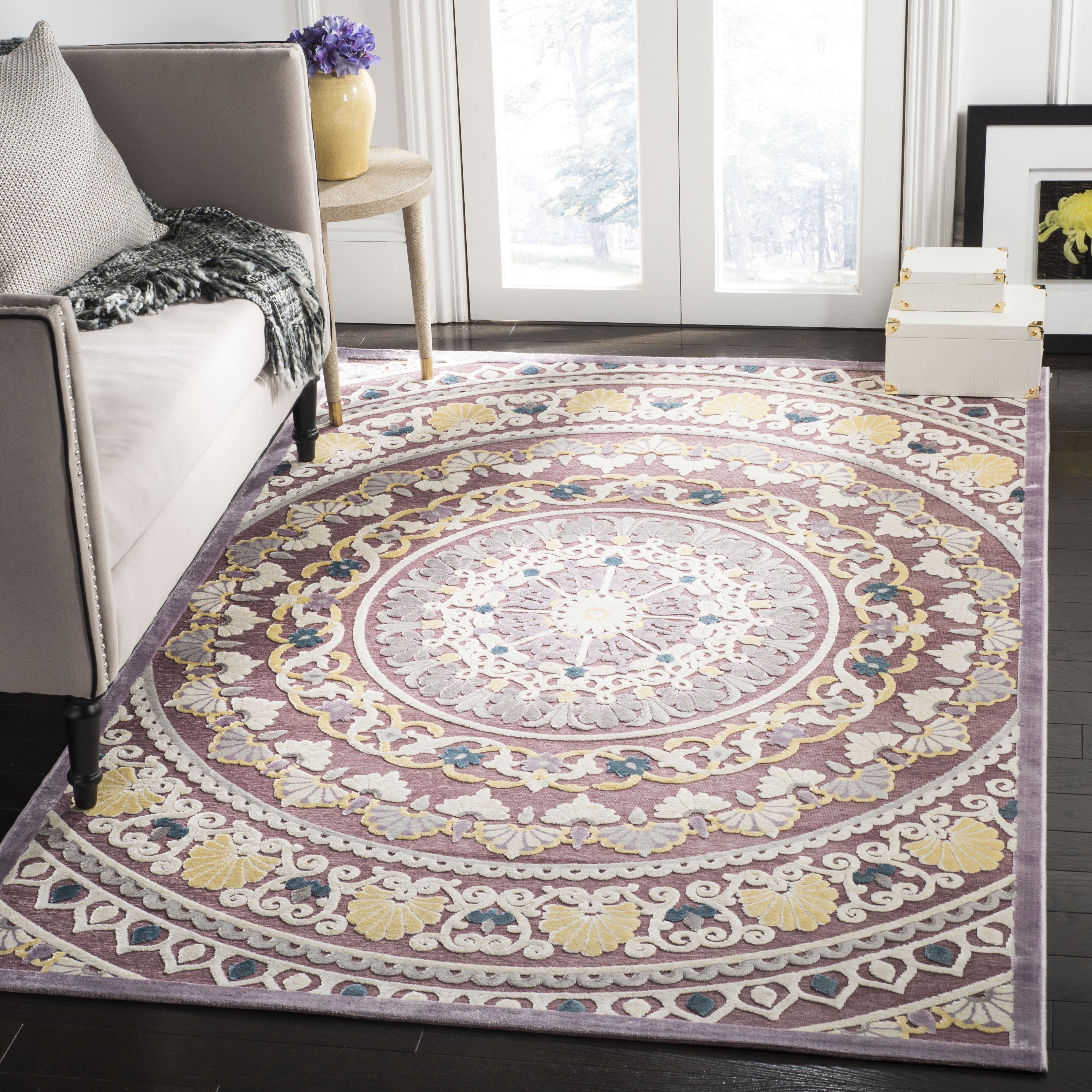 Purple and Cream Floral Medallion Square Area Rug