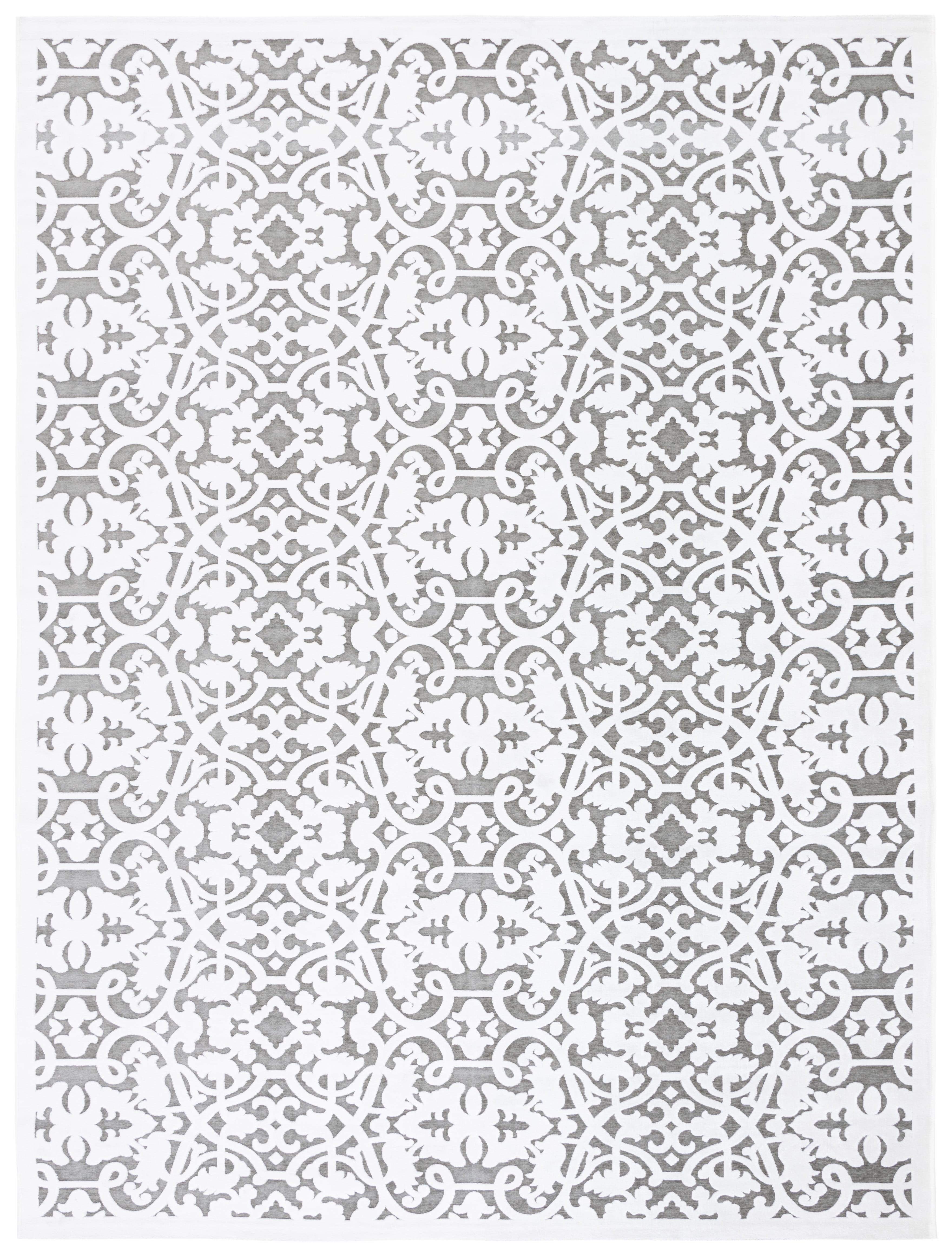 Ivory and Dark Grey 8' x 10' Damask Wool Viscose Rug