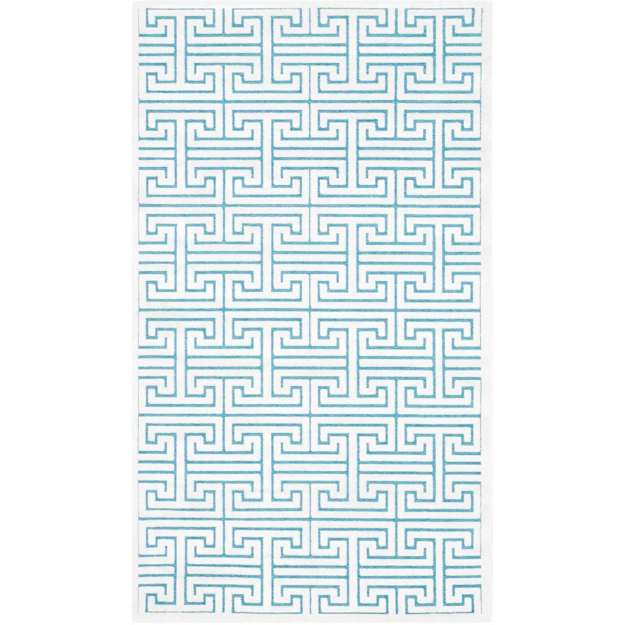 Ivory and Turquoise Geometric Wool and Viscose Area Rug, 3' x 5'