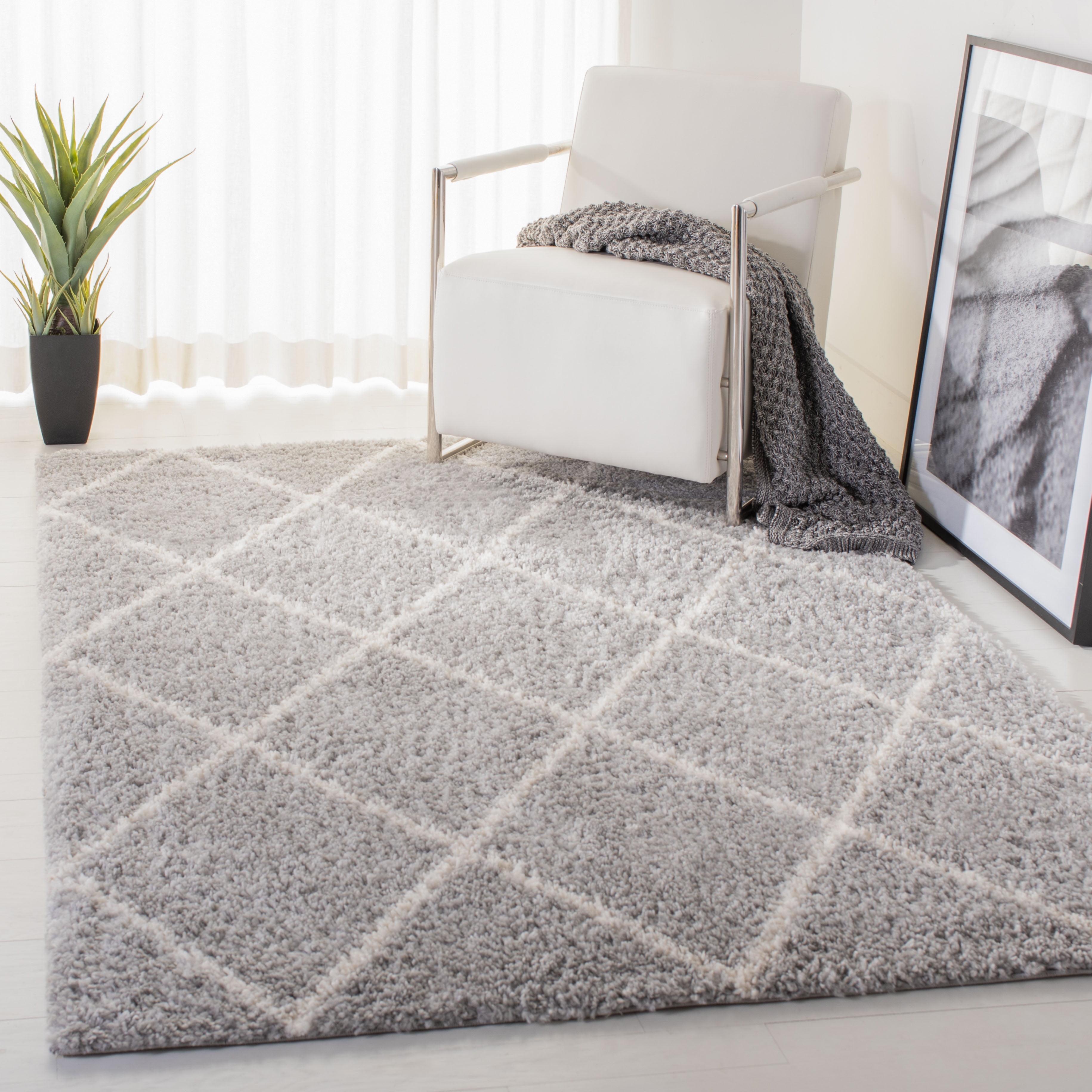 Grey and Cream Square Shag Area Rug