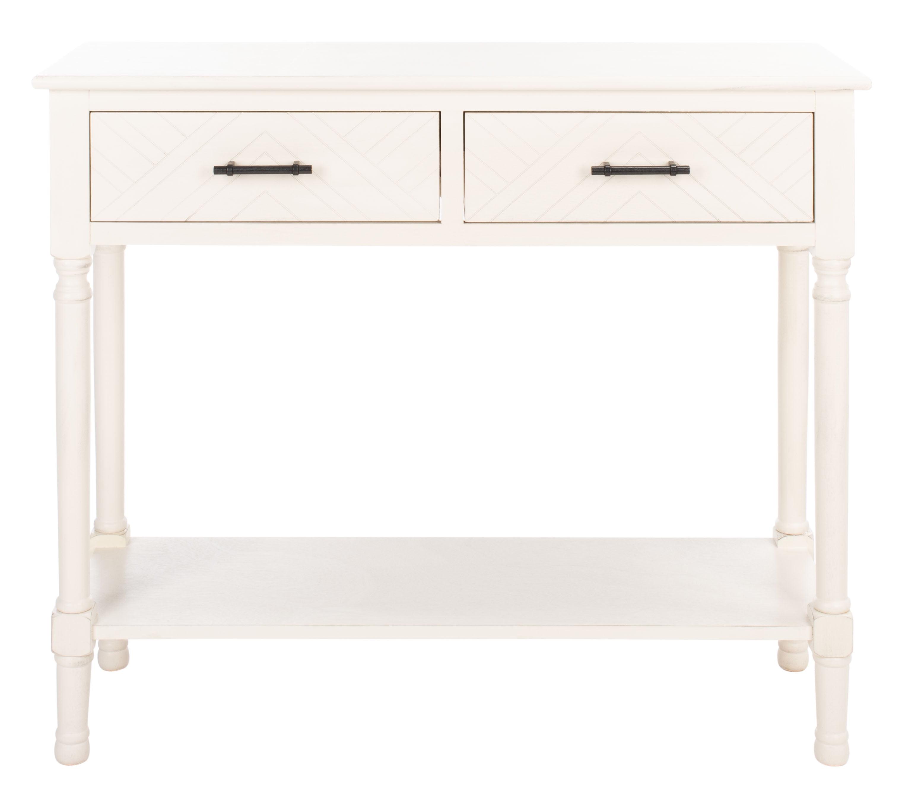 Distressed White Wood and Metal Console Table with Herringbone Drawers