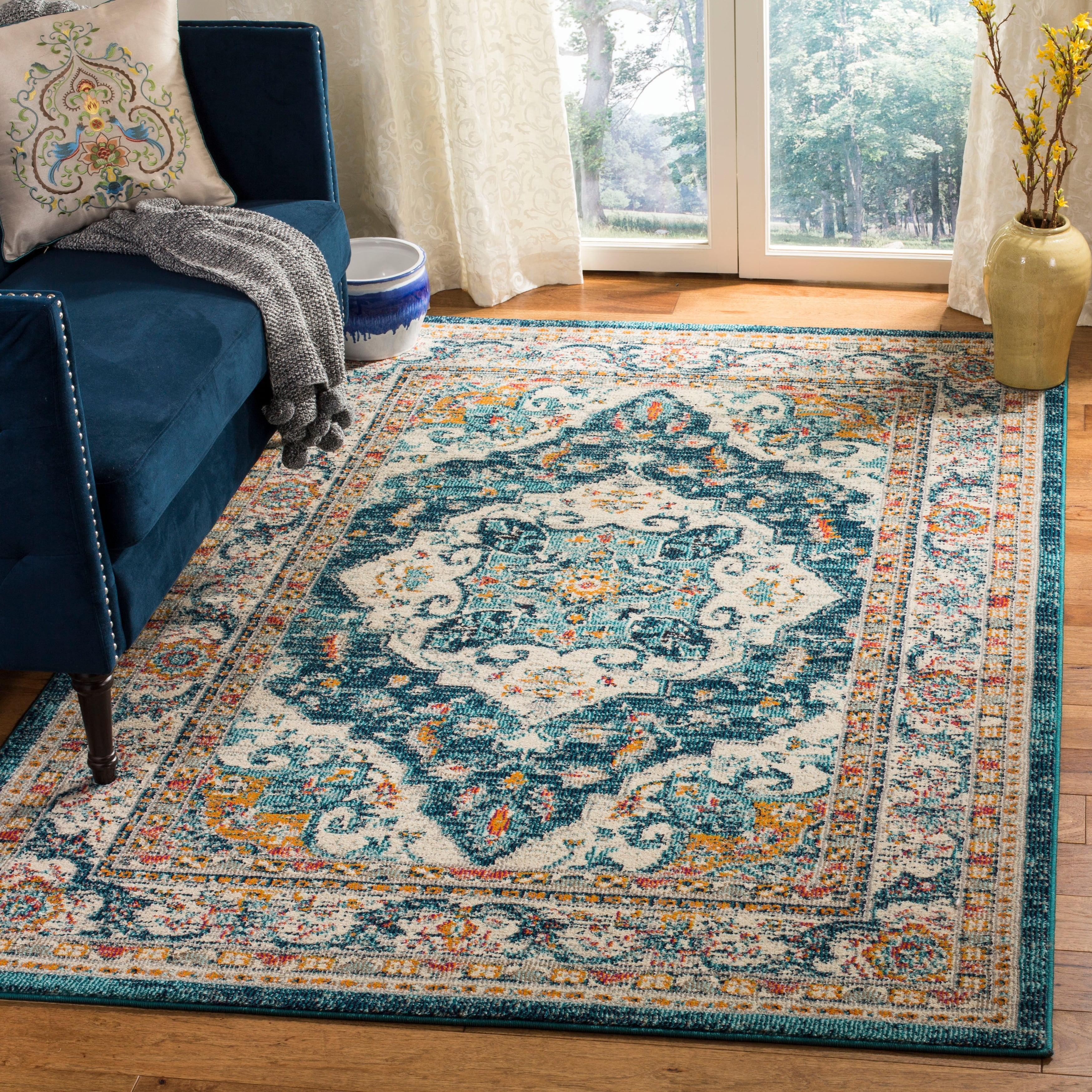 Ivory and Blue Medallion Synthetic Area Rug, 8' x 10'