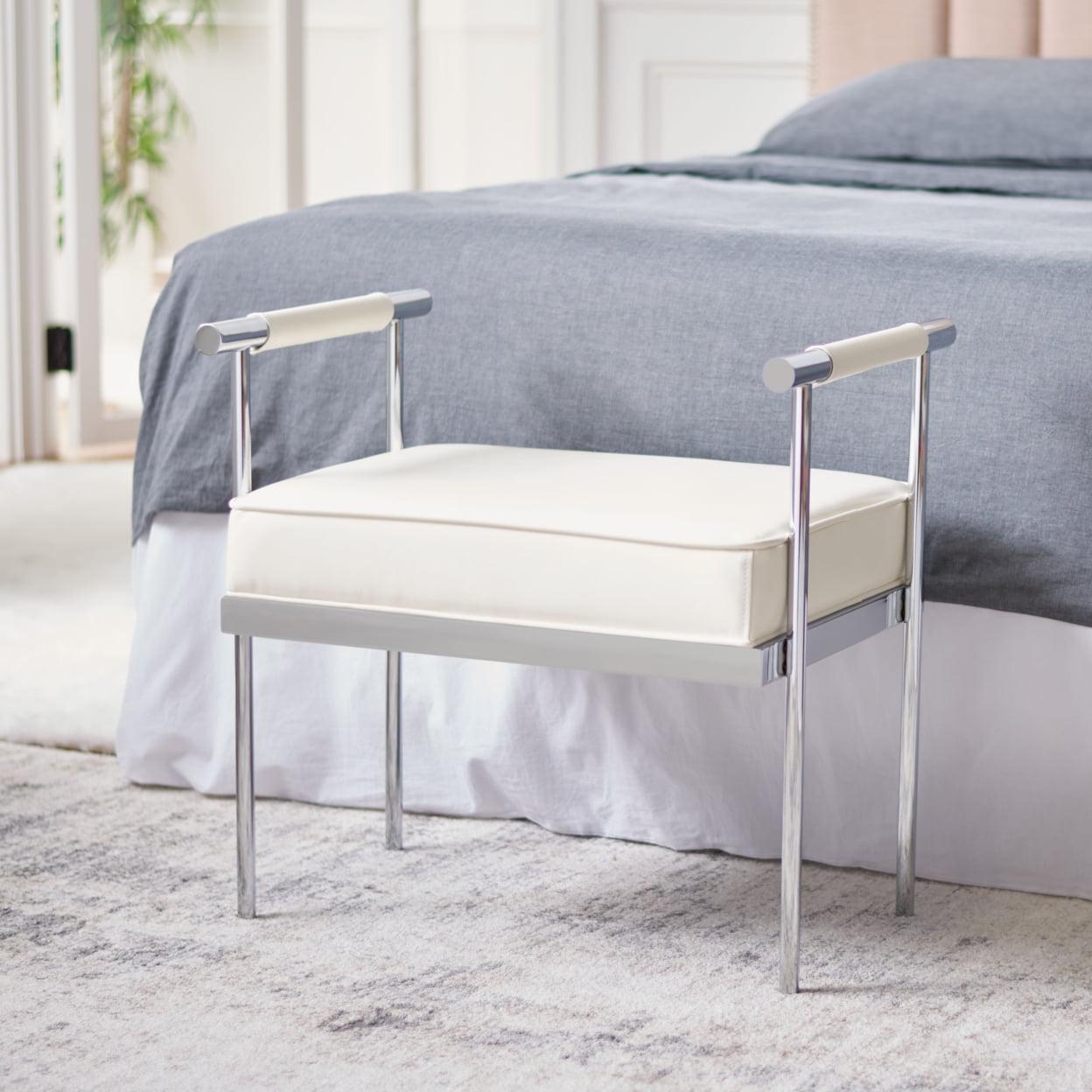 Bauhaus Inspired Small White PU Leather Bench with Chrome Arms