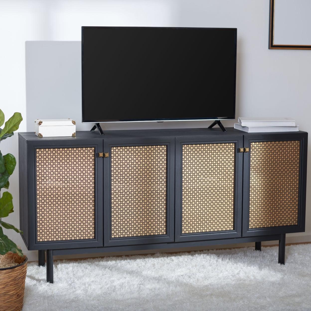 64" Black and Gold Mesh Media Stand with Cabinet