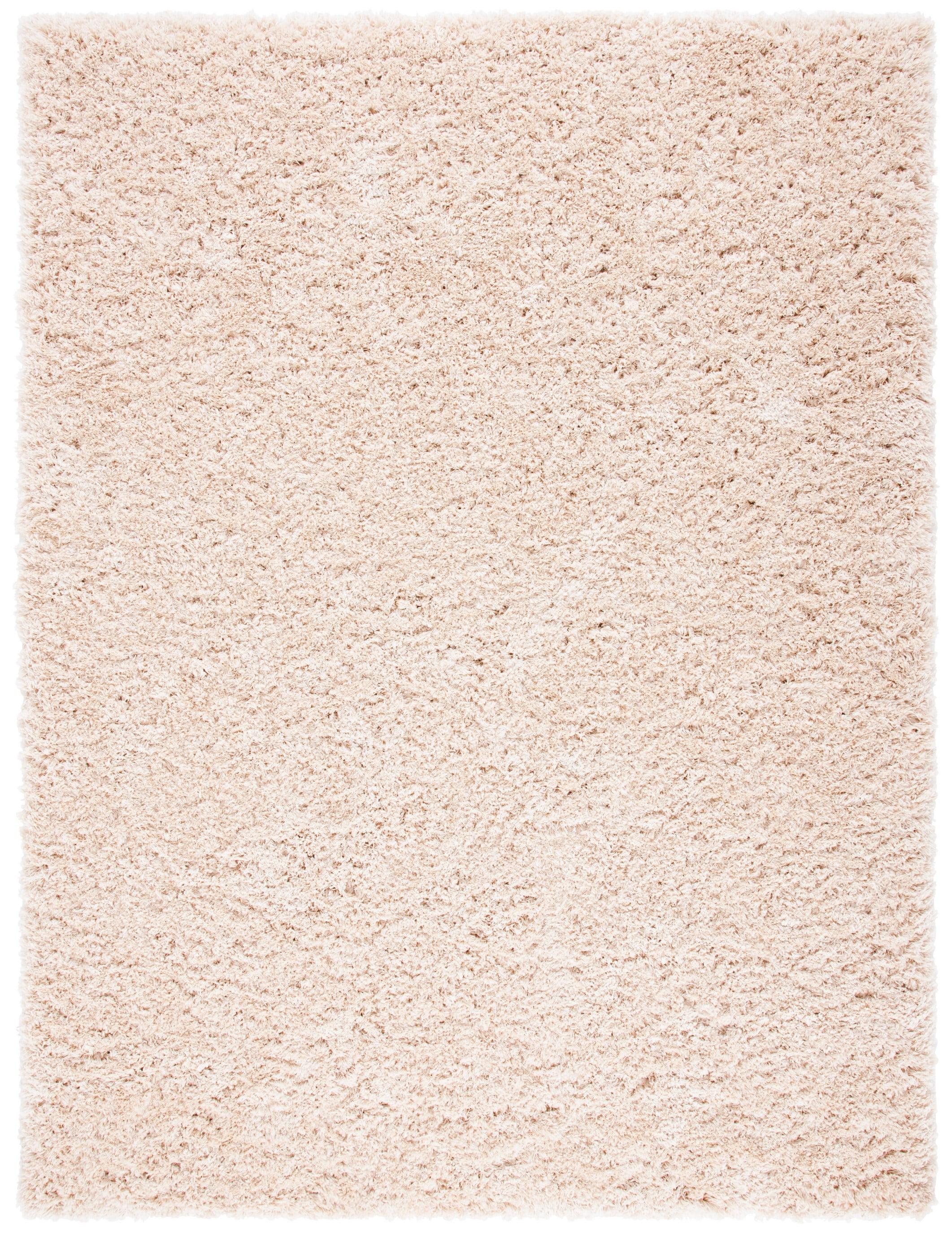 Sumptuous Silken Light Beige Round Shag Rug, Easy-Care Synthetic