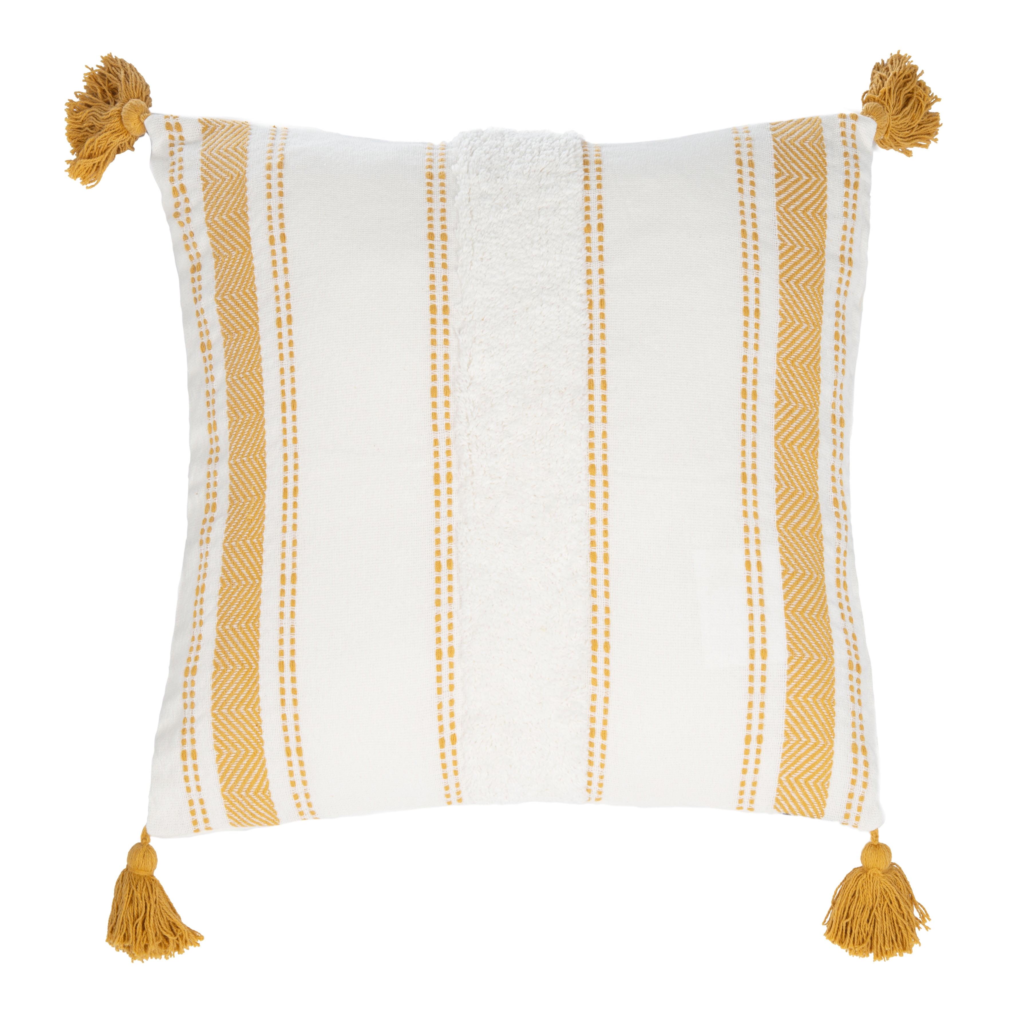 White and Mustard Embroidered Cotton Square Throw Pillow