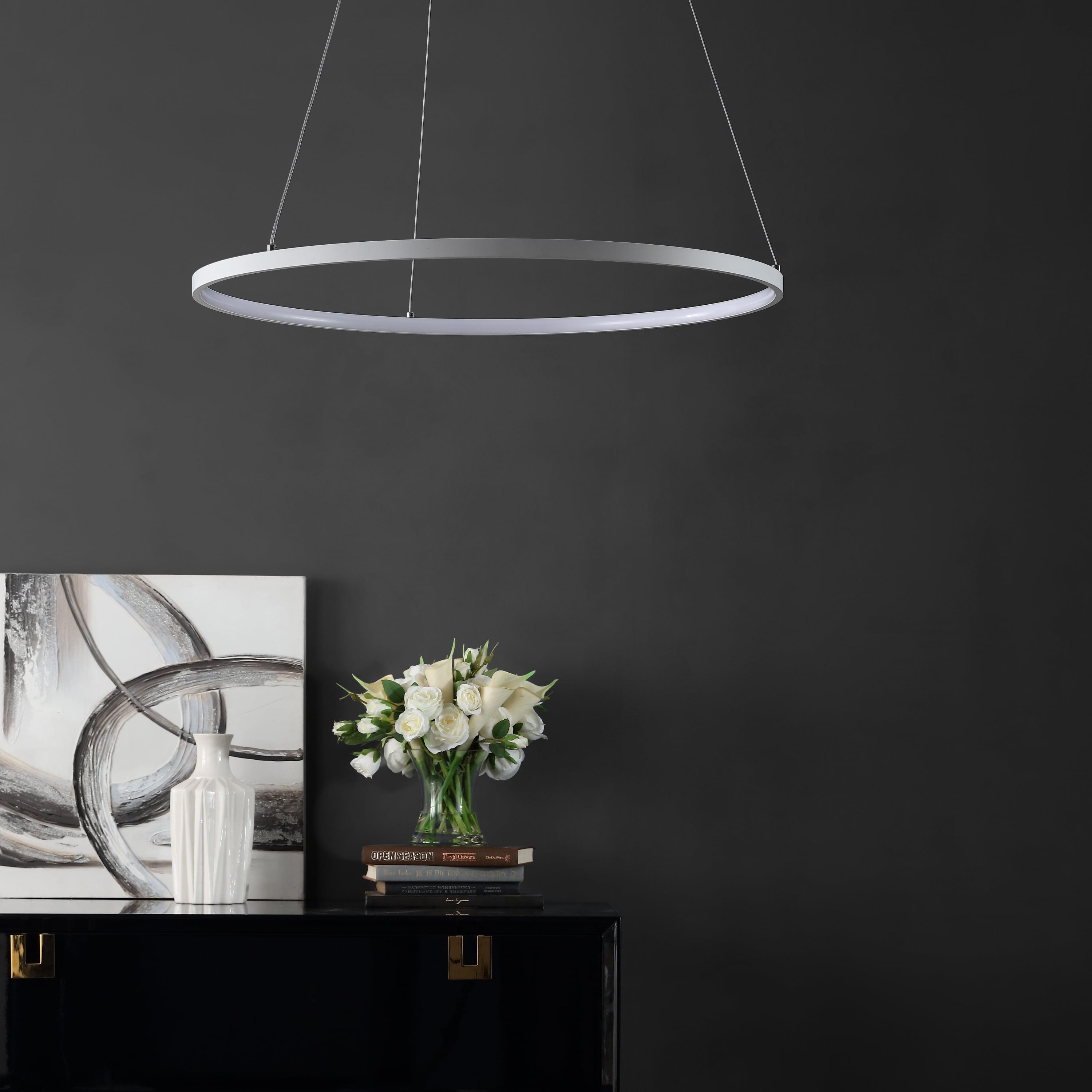 Porta 27" Modern Round LED Pendant in Matte White Aluminum