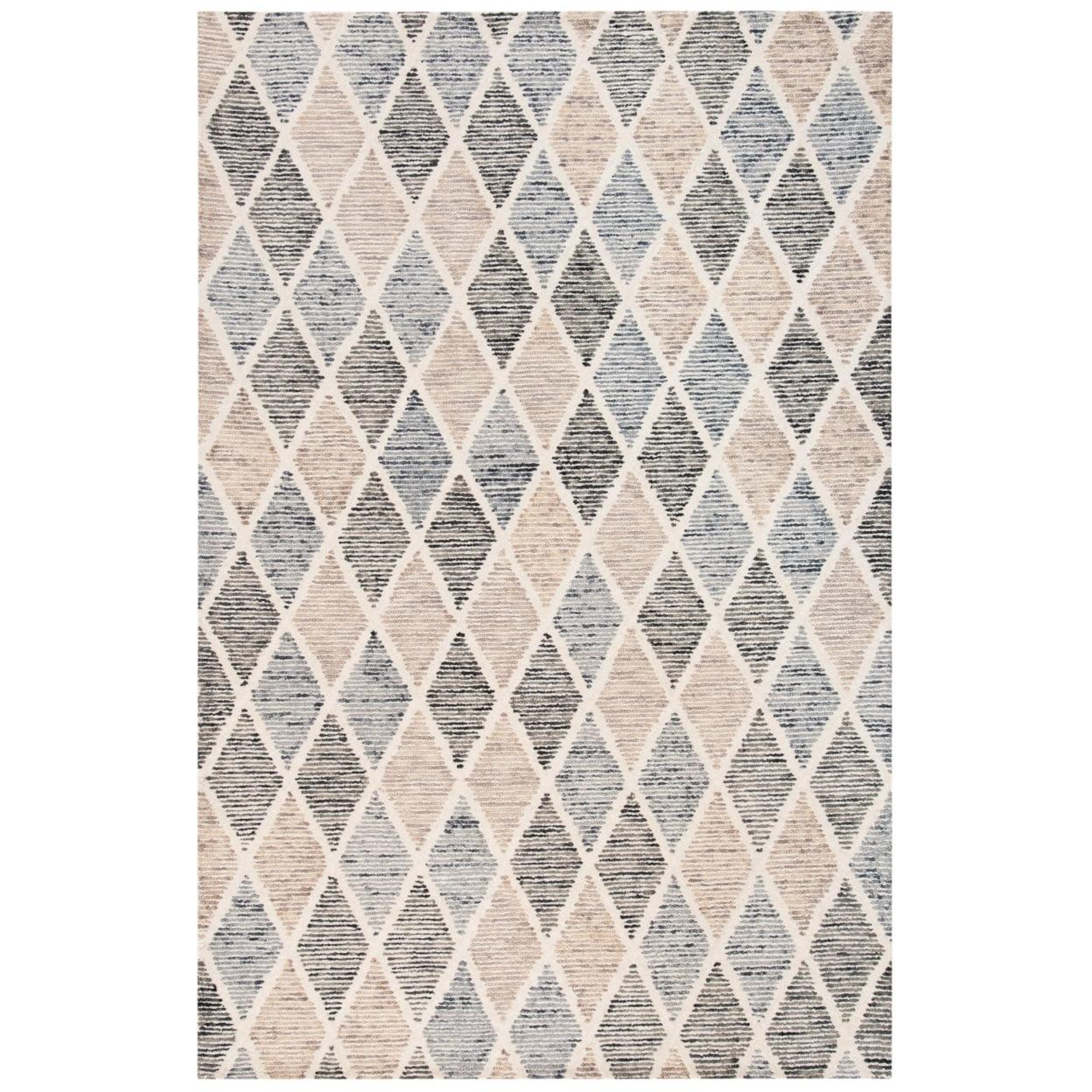 Blue and Beige Geometric Tufted Wool Area Rug 4' x 6'