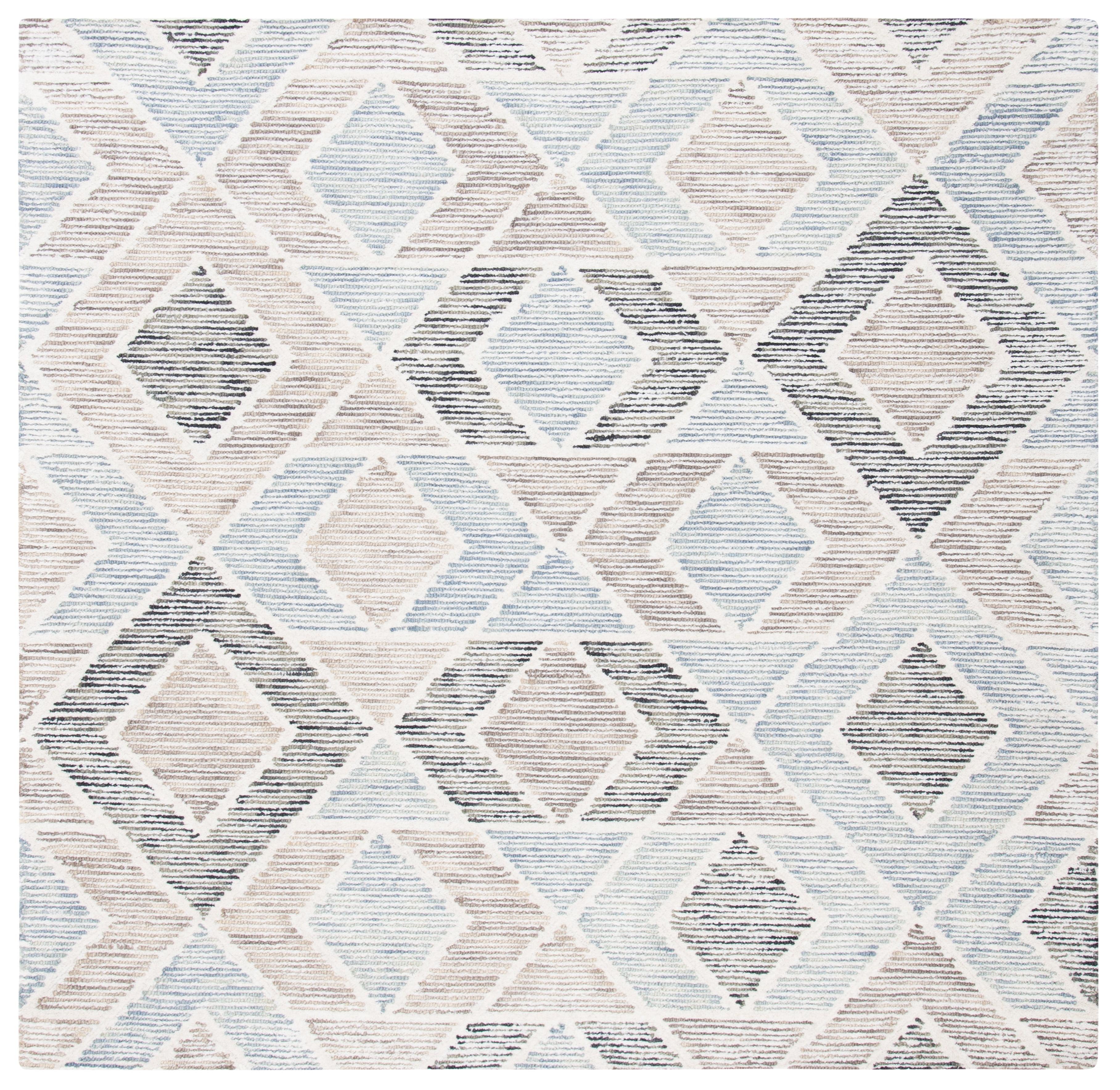 Blue and Beige Geometric Wool Tufted Square Rug, 6' x 6'