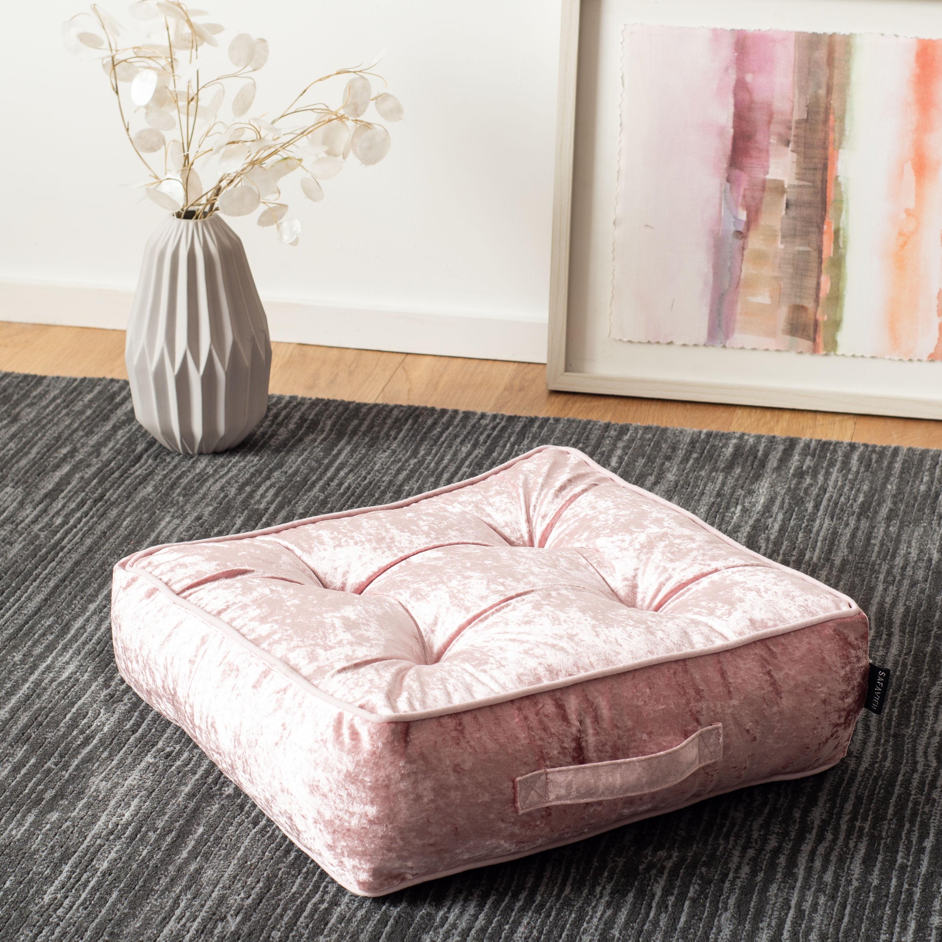 Blush Velvet Tufted Square Floor Pillow with Handle