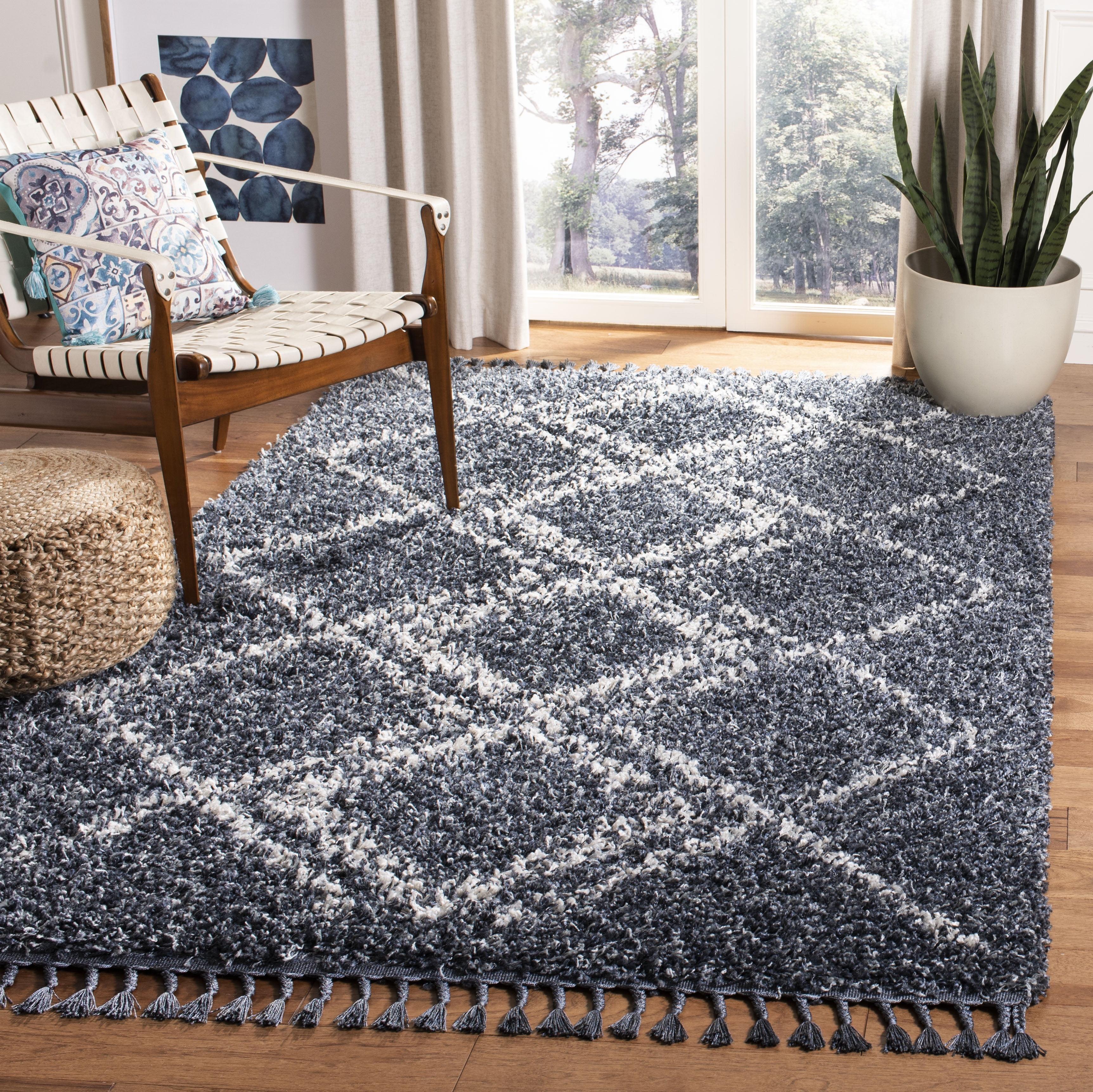 Boho-Chic Blue Geometric Shag Area Rug 5' x 8'