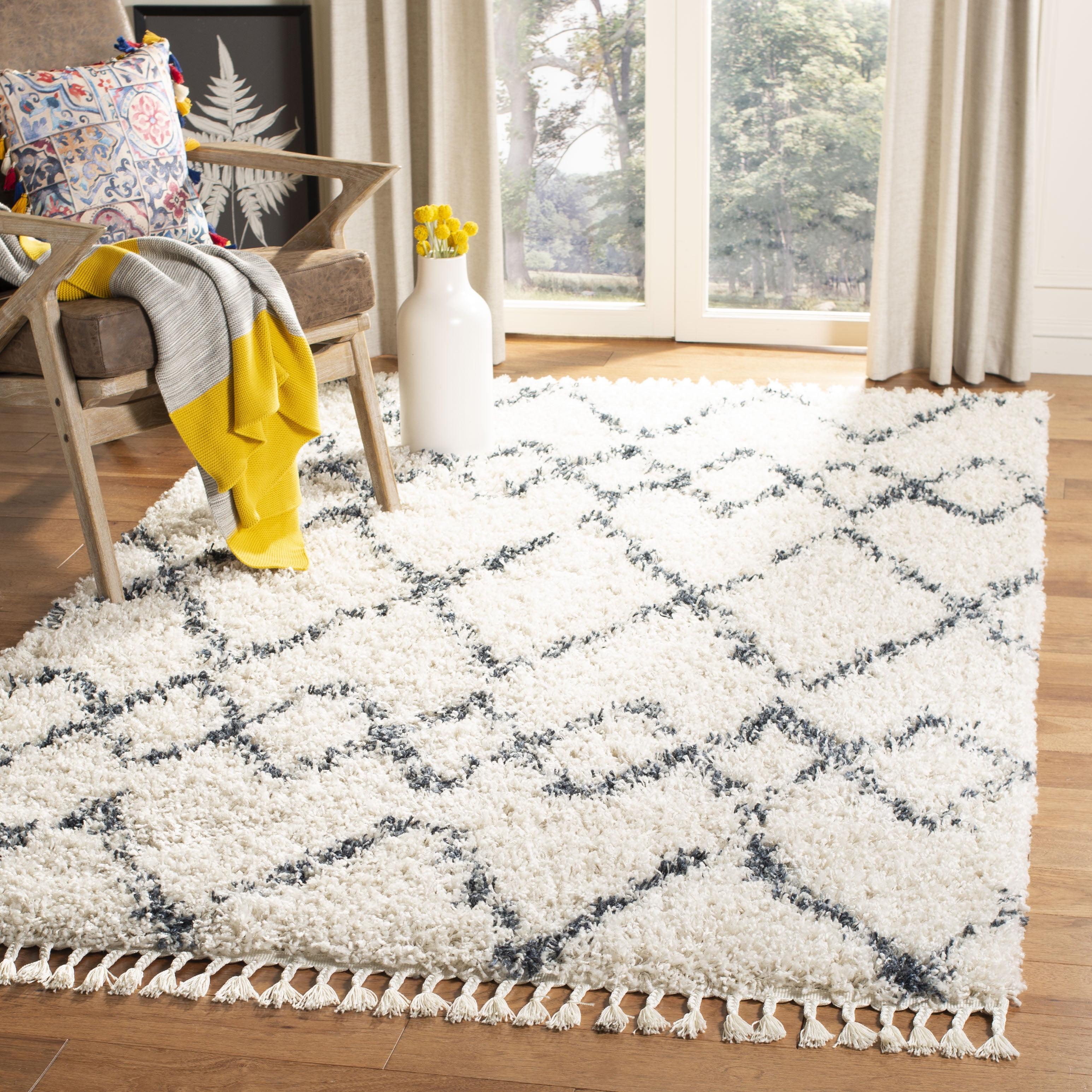 Cream and Blue Geometric Shag Area Rug 5' x 8'