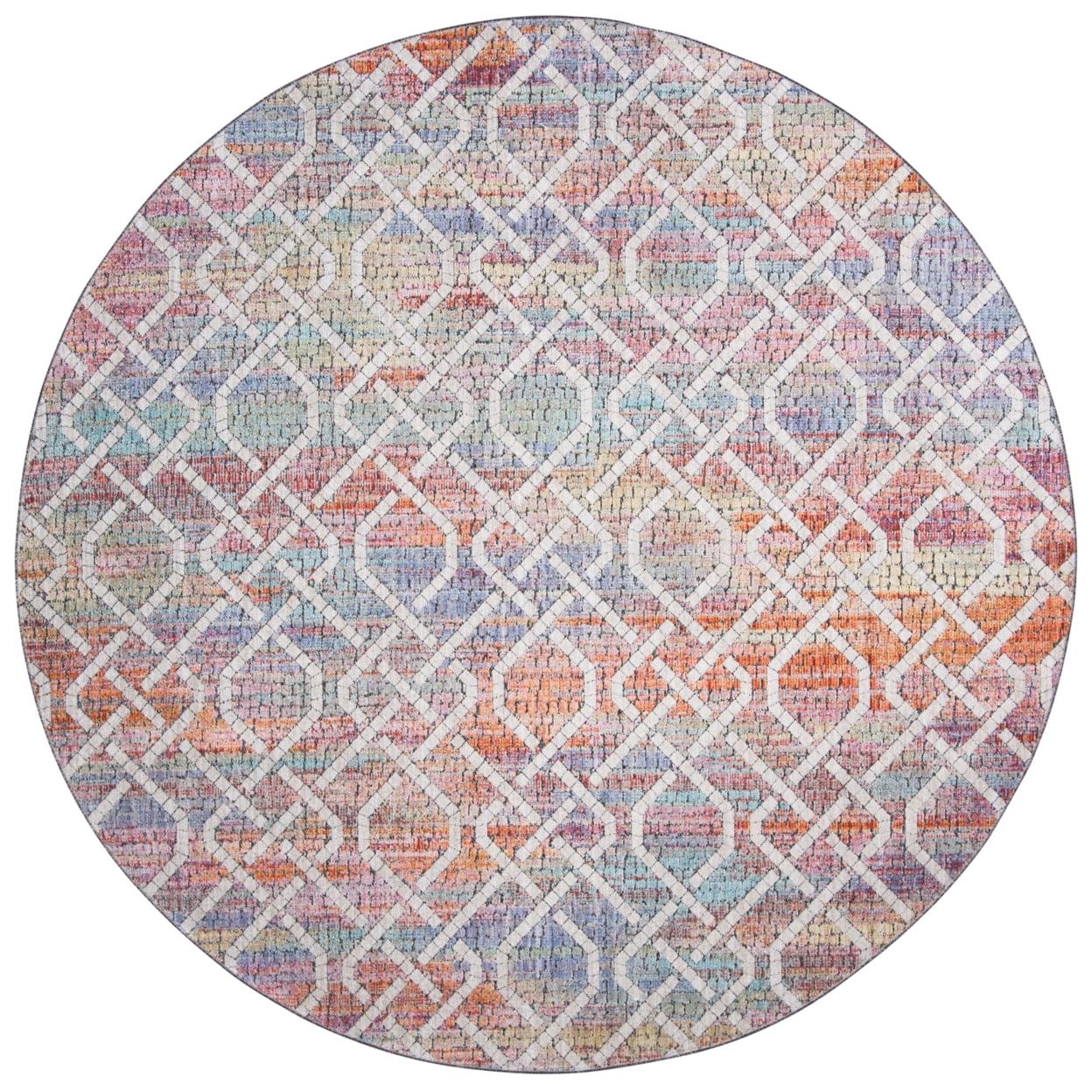 Cream and Orange Round Oriental Cotton Area Rug, 6'7"