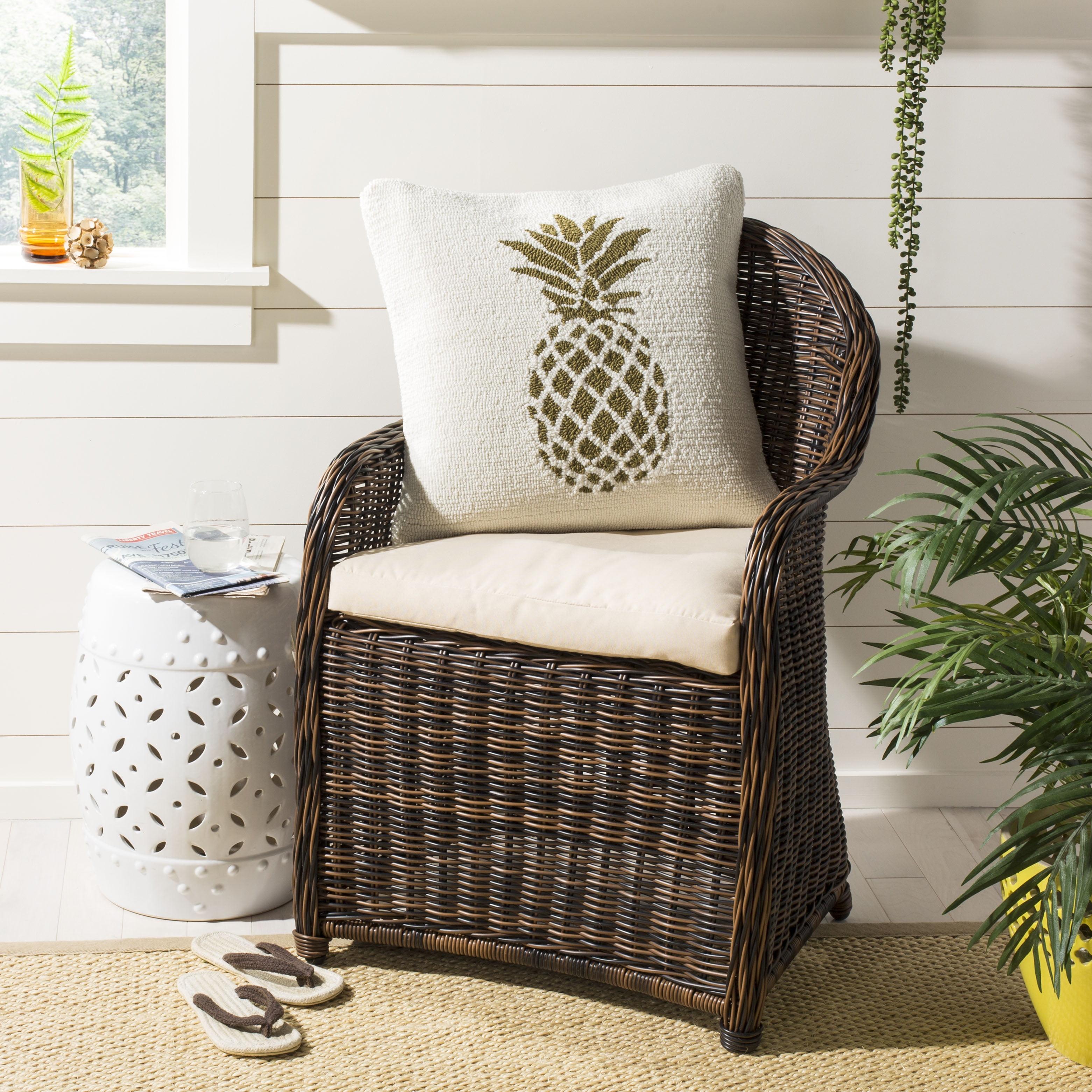 Ivory and Gold Embroidered Pineapple Outdoor Throw Pillow