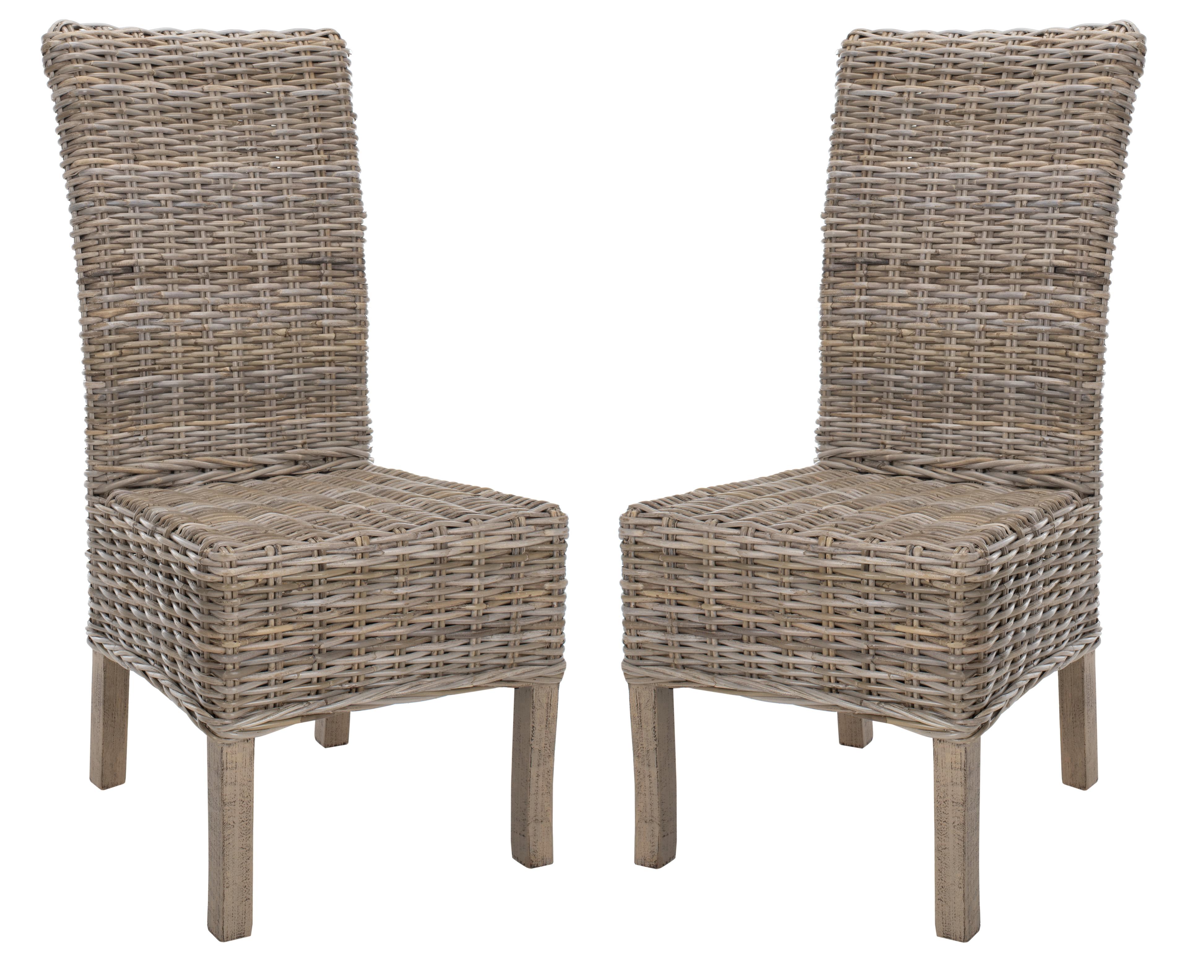 High-Back Rattan & Mango Wood Side Chair in Natural Grey (Set of 2)