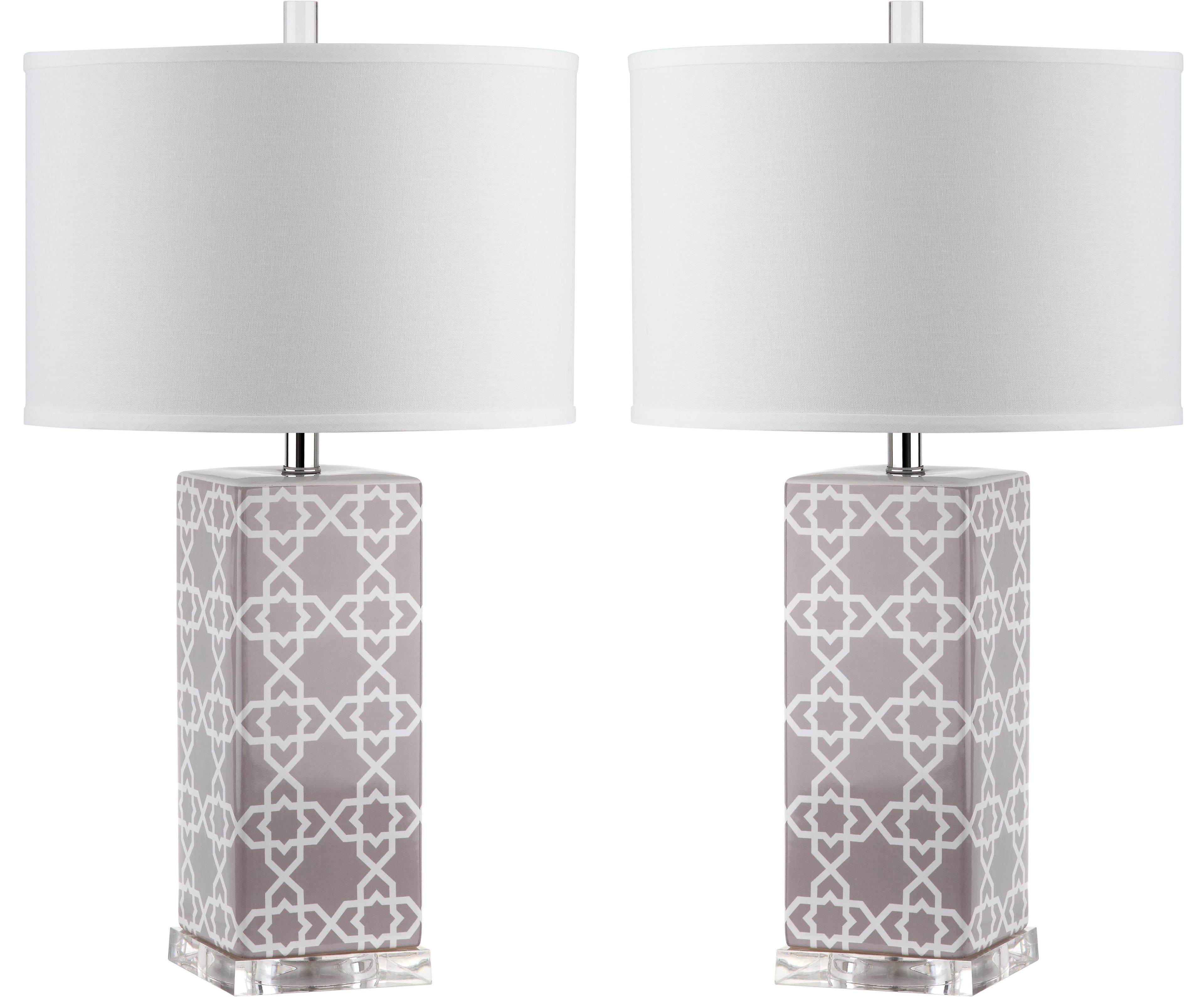 Quatrefoil Grey and White Ceramic Table Lamp Set with Cotton Shade