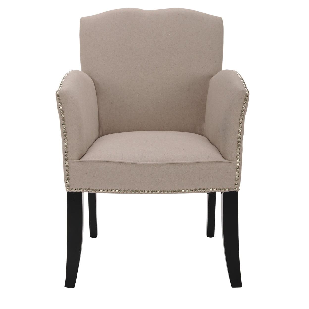 Transitional Taupe Linen Arm Chair with Silver Nailhead Detail