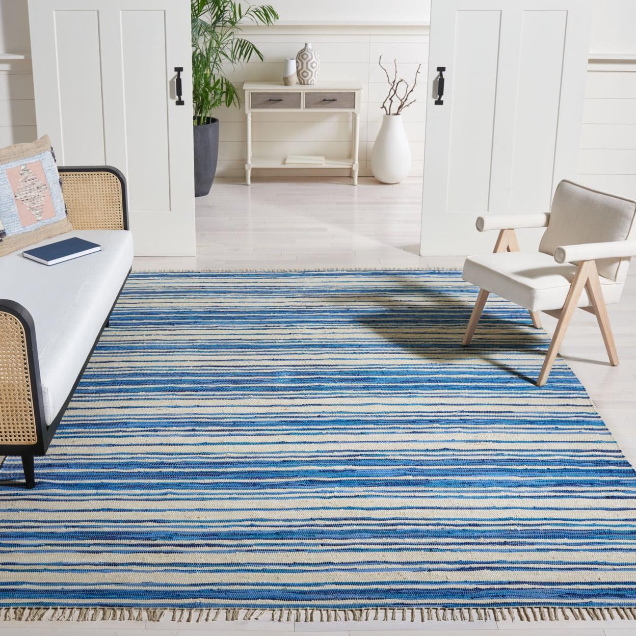Rag Rug RAR126 Hand Woven Indoor Area Rug - 5'x8' - Ivory/Blue - Safavieh