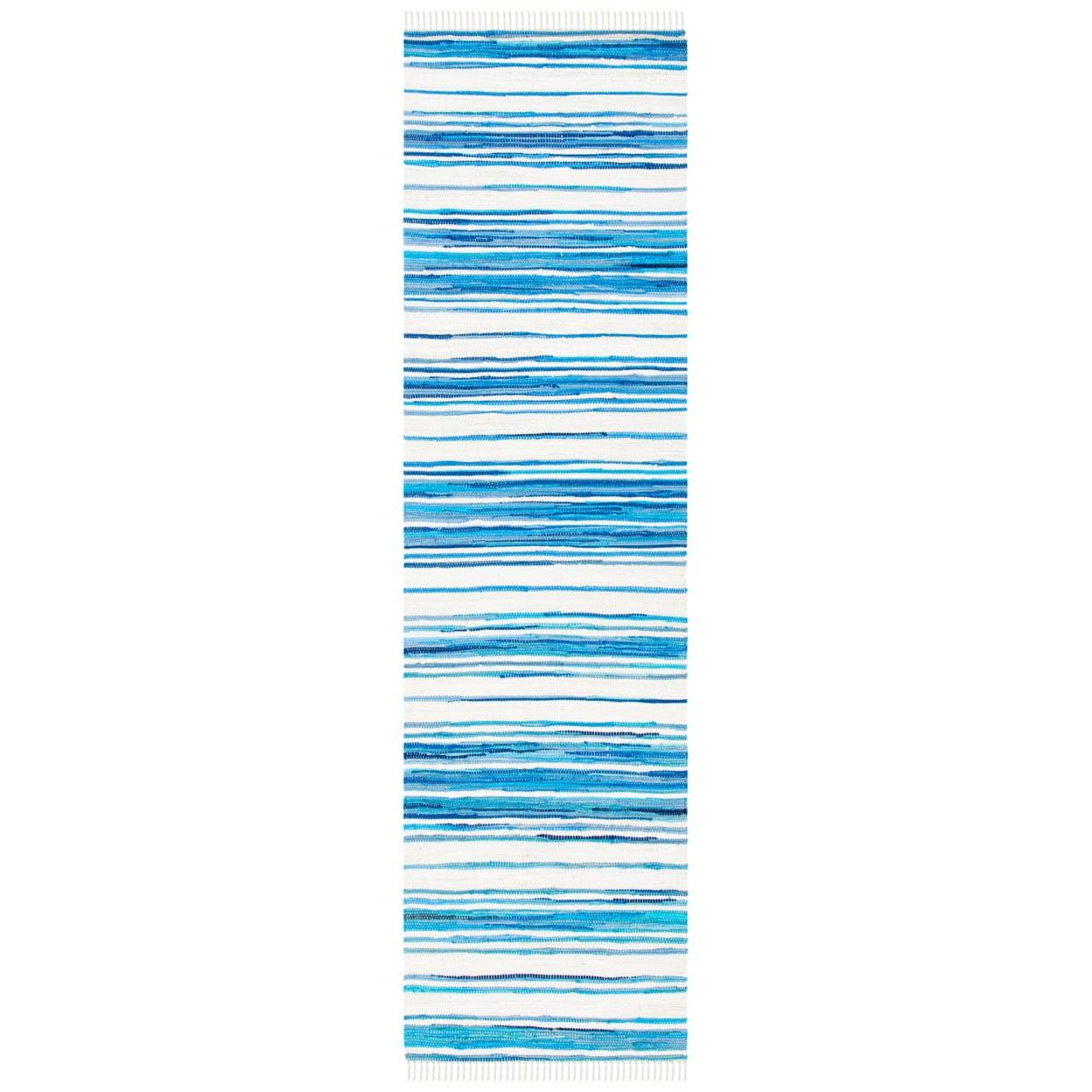 Rag Rug RAR126 Hand Woven Indoor Runner Rug - 2'3"x9' - Ivory/Blue - Safavieh