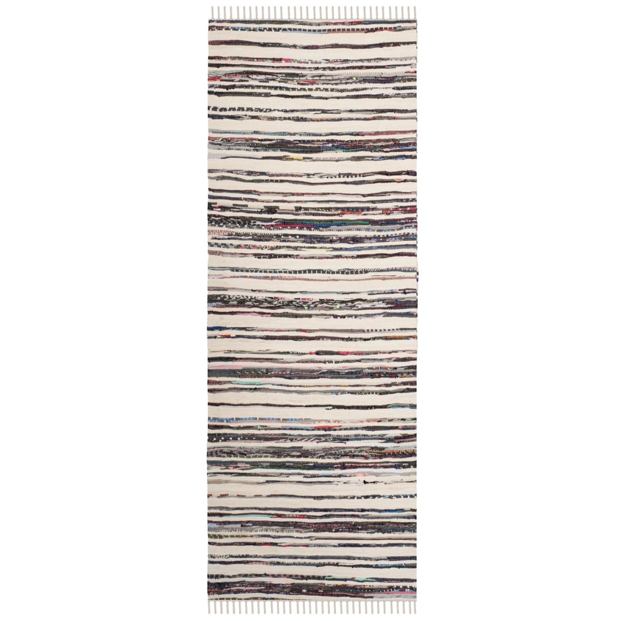 Ivory and Charcoal Hand-Woven Cotton Stripe Runner Rug 2'3" X 8'