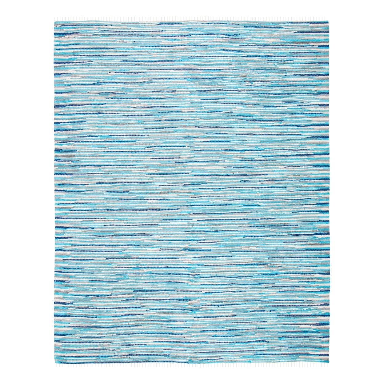 Hand-Woven Turquoise Multi-Stripe Cotton Area Rug, 6' x 9'