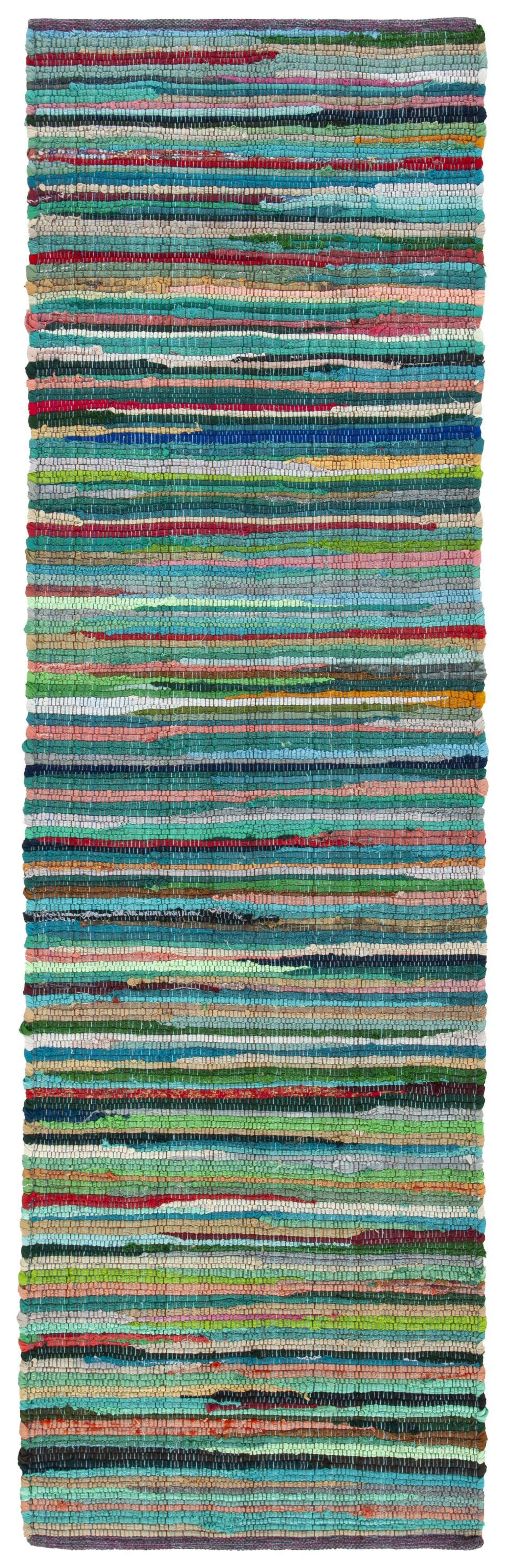 Green and Multicolor Handwoven Cotton Wool Stripe Runner Rug