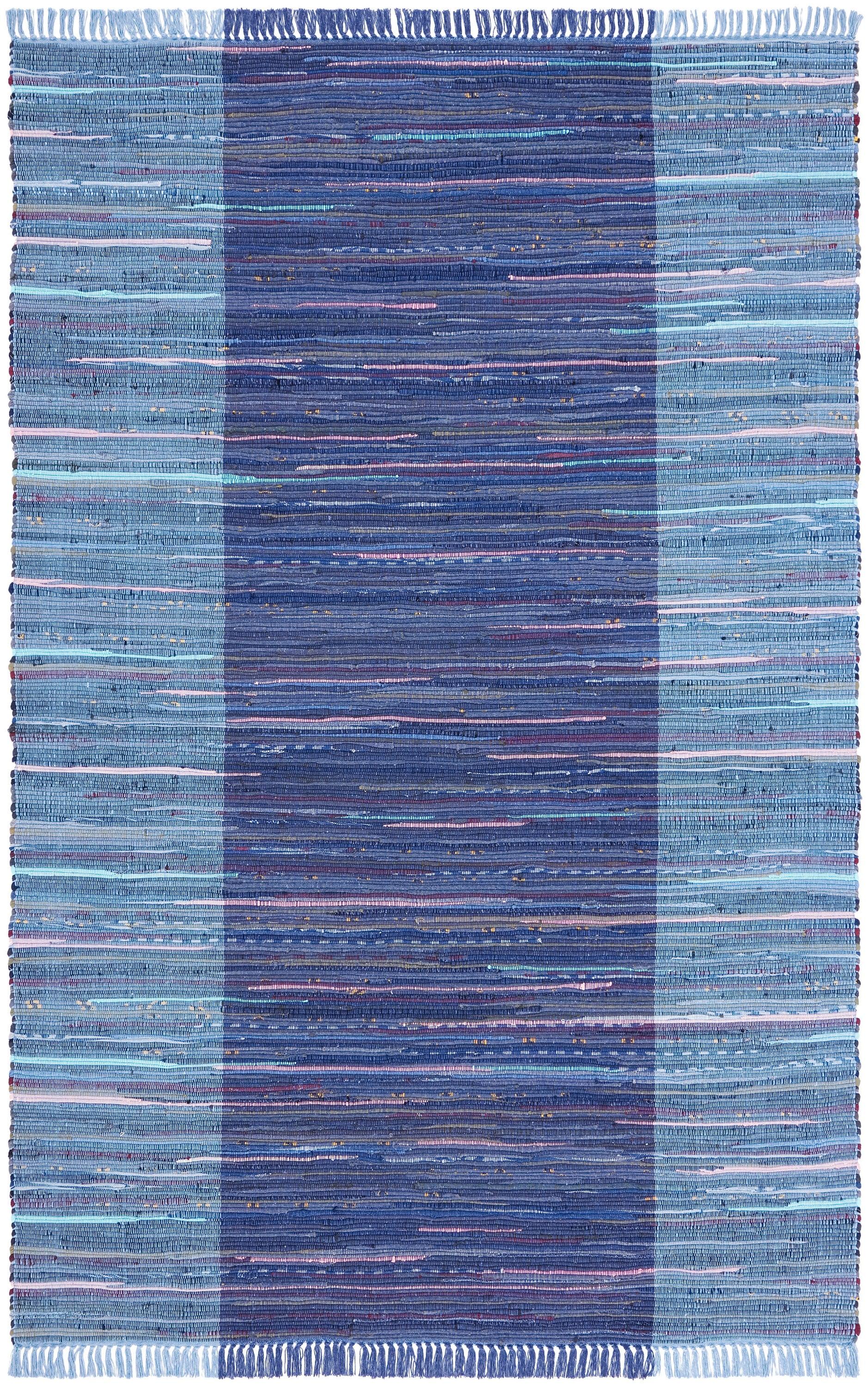 SAFAVIEH Rag Romeo Striped Fringe Cotton Area Rug, Navy/Blue, 2' x 3'