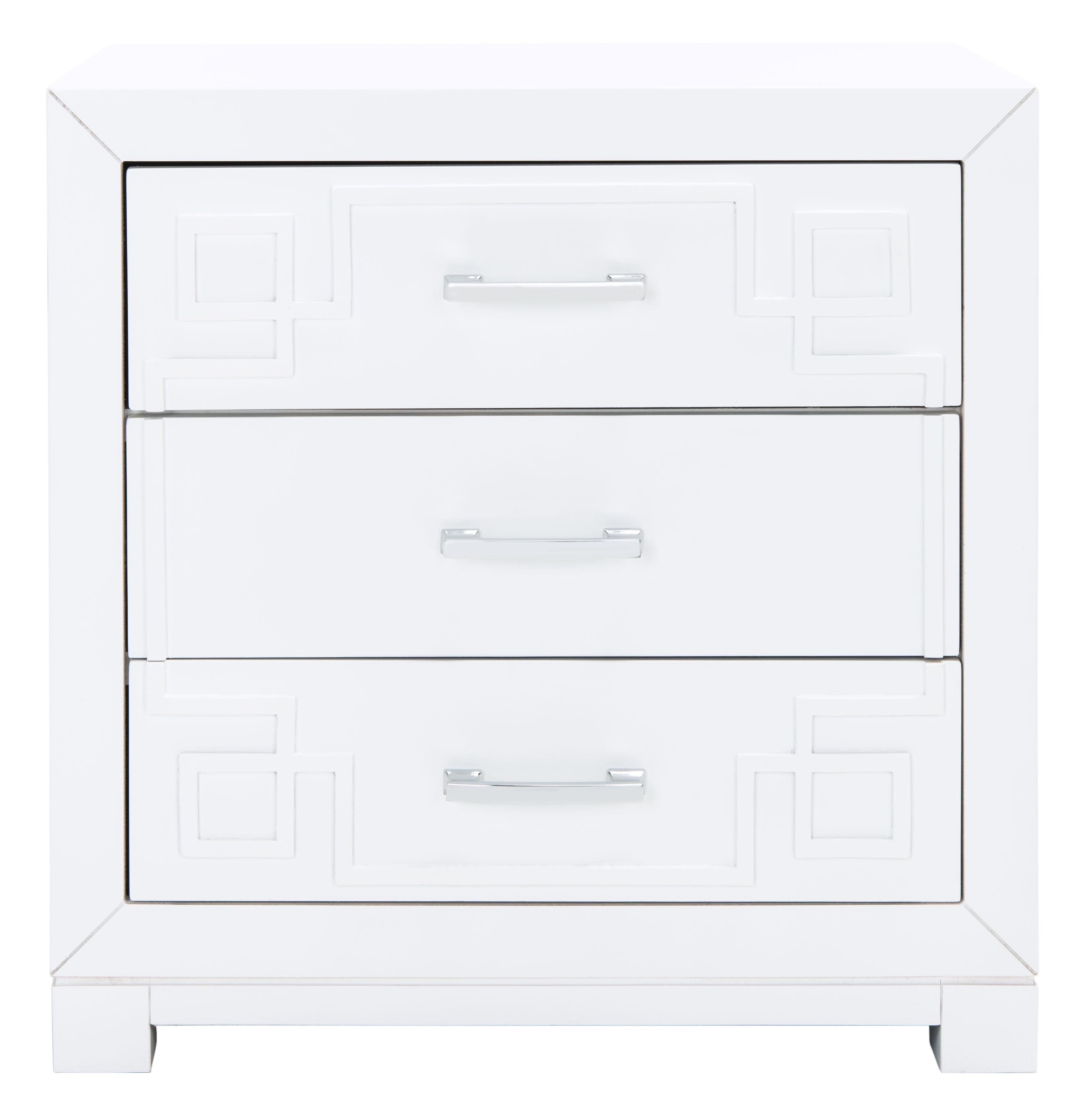 Raina 3 Drawer Greek Key Nightstand - FOX6278 - White/Silver - Safavieh Couture