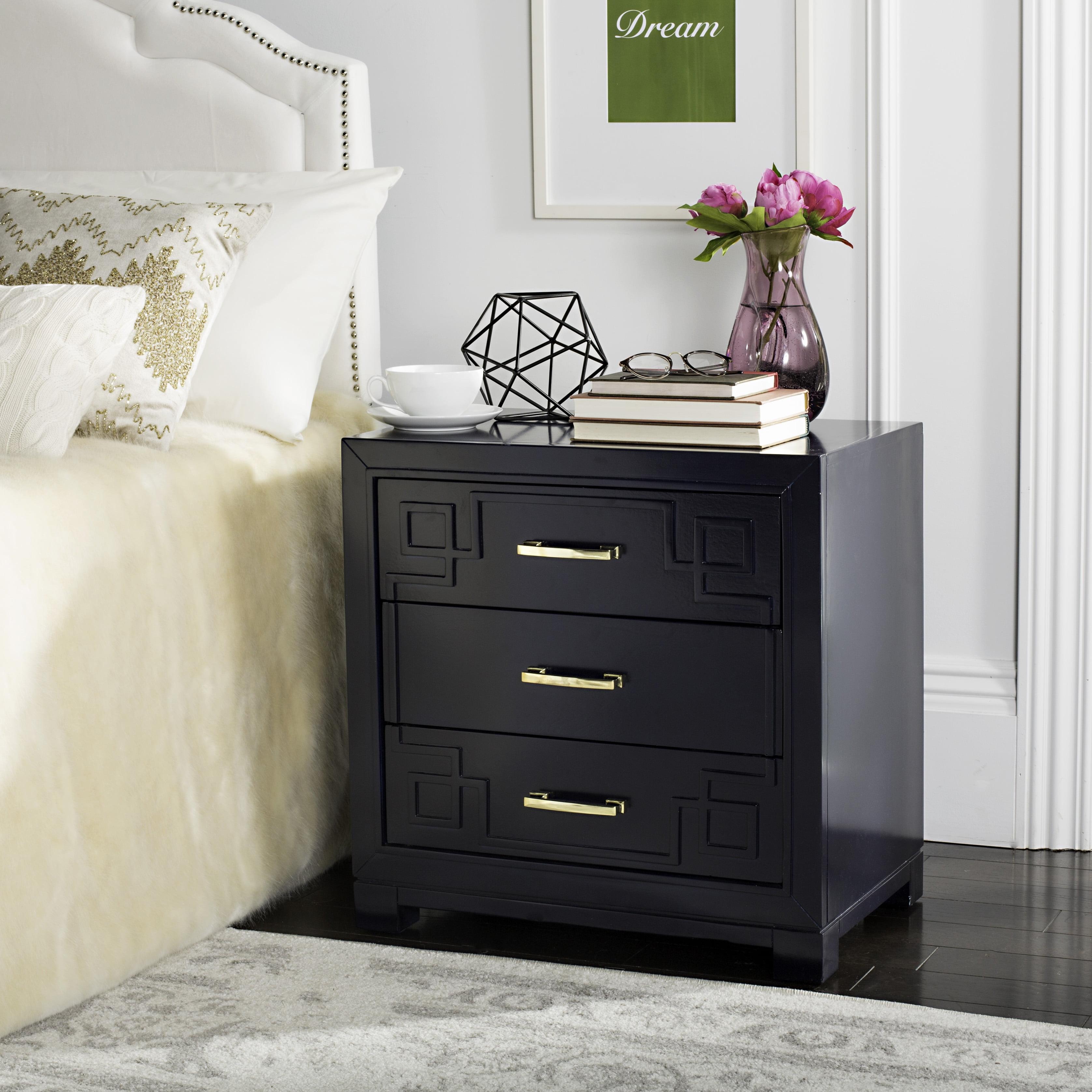 Transitional Black 3-Drawer Nightstand with Greek Key Design