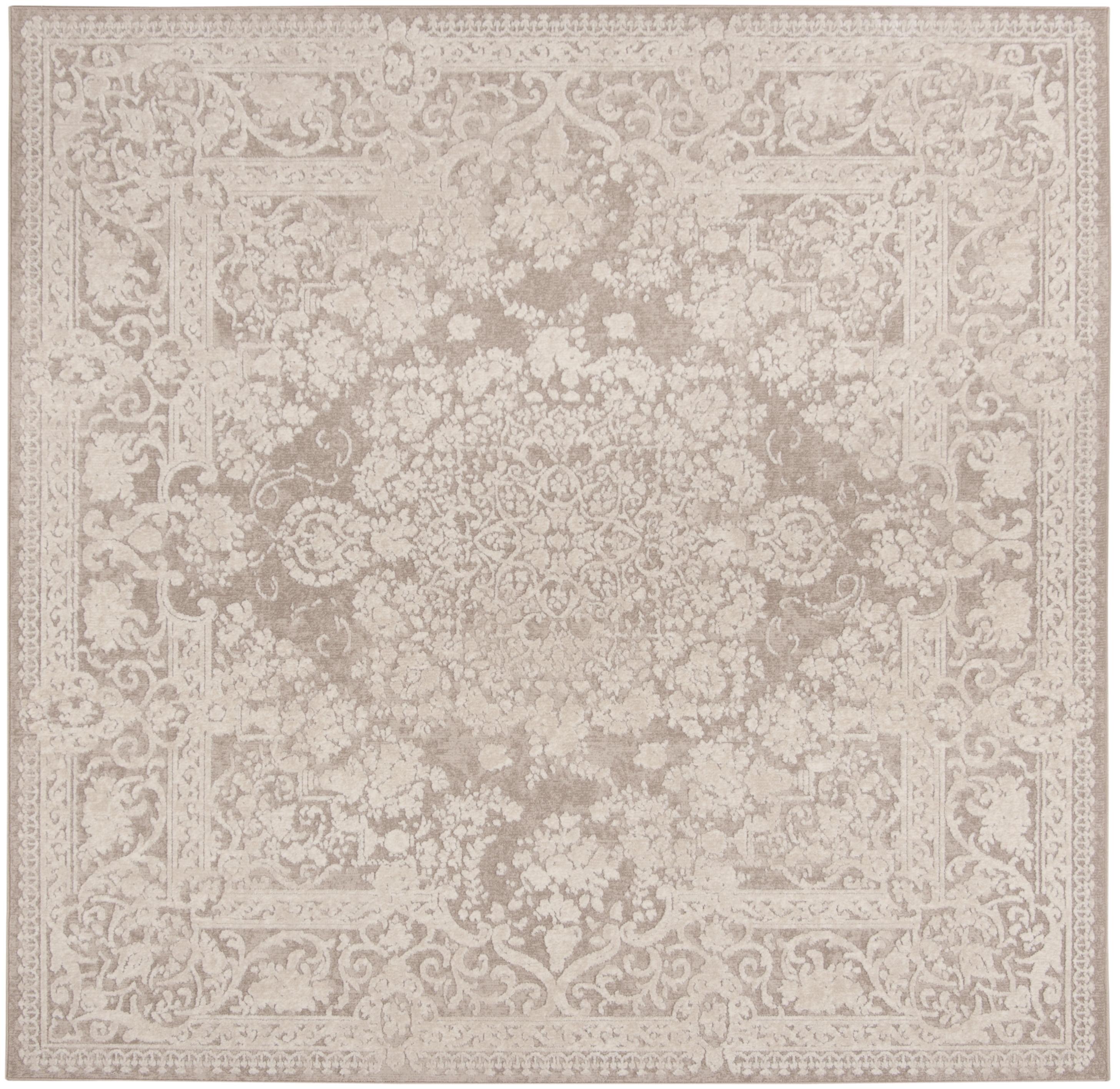 Beige and Cream 10' Square Floral Synthetic Area Rug