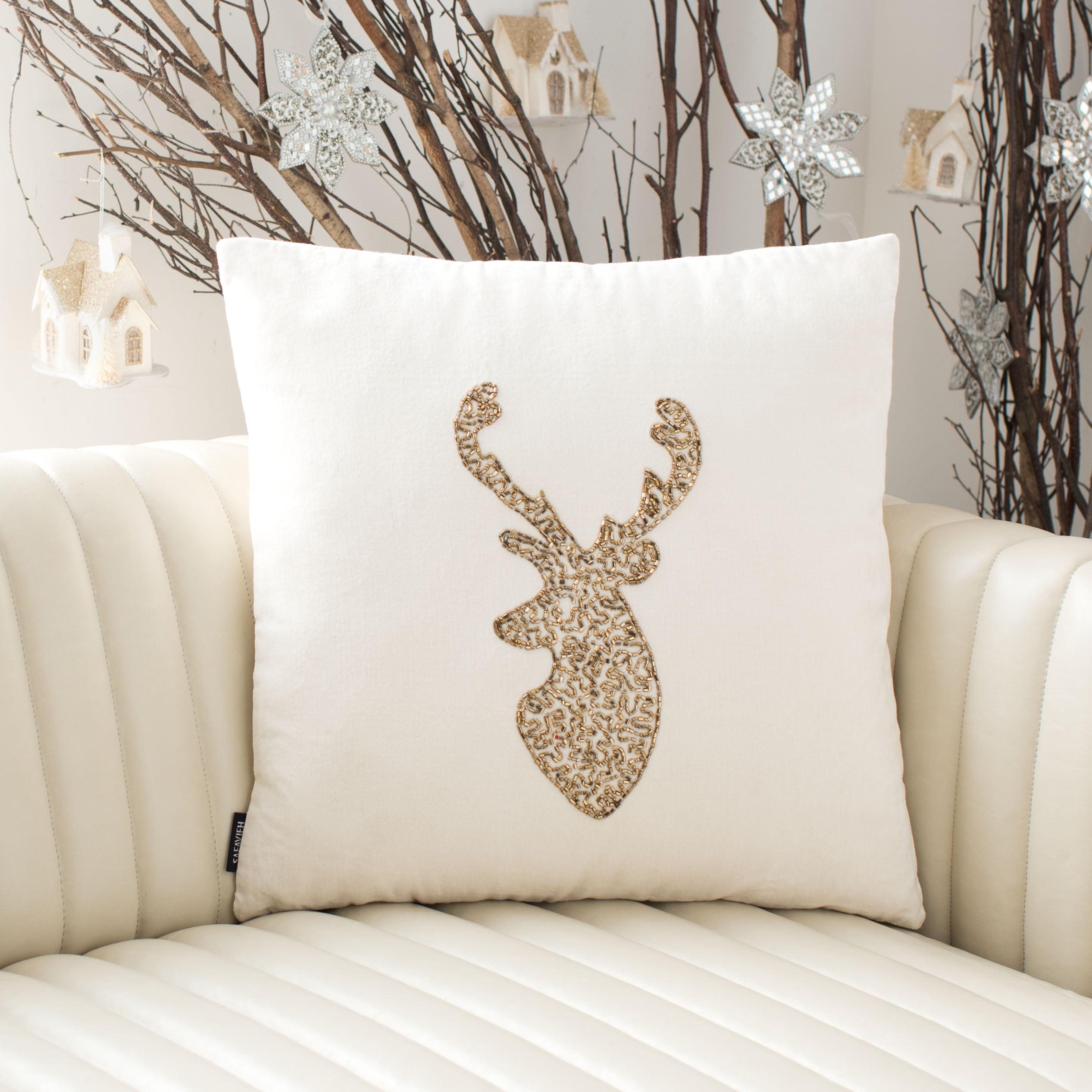 Beige Velvet Square Christmas Reindeer Pillow