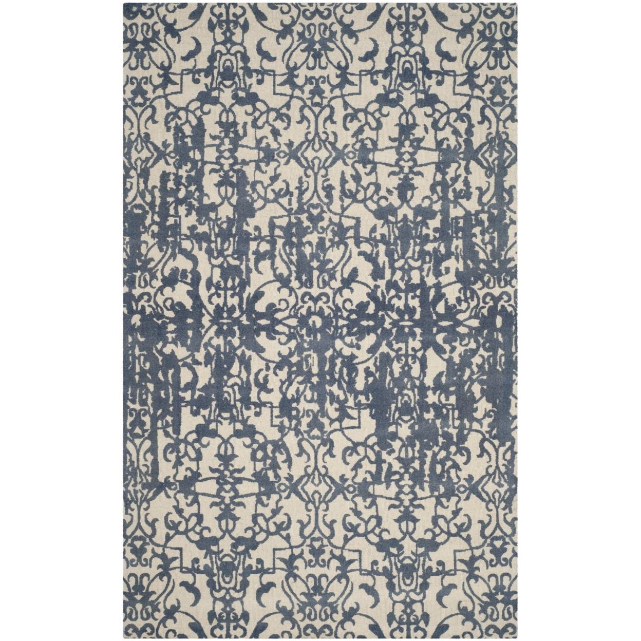 Ivory and Blue Hand-Tufted Wool Vintage Area Rug, 4' x 6'