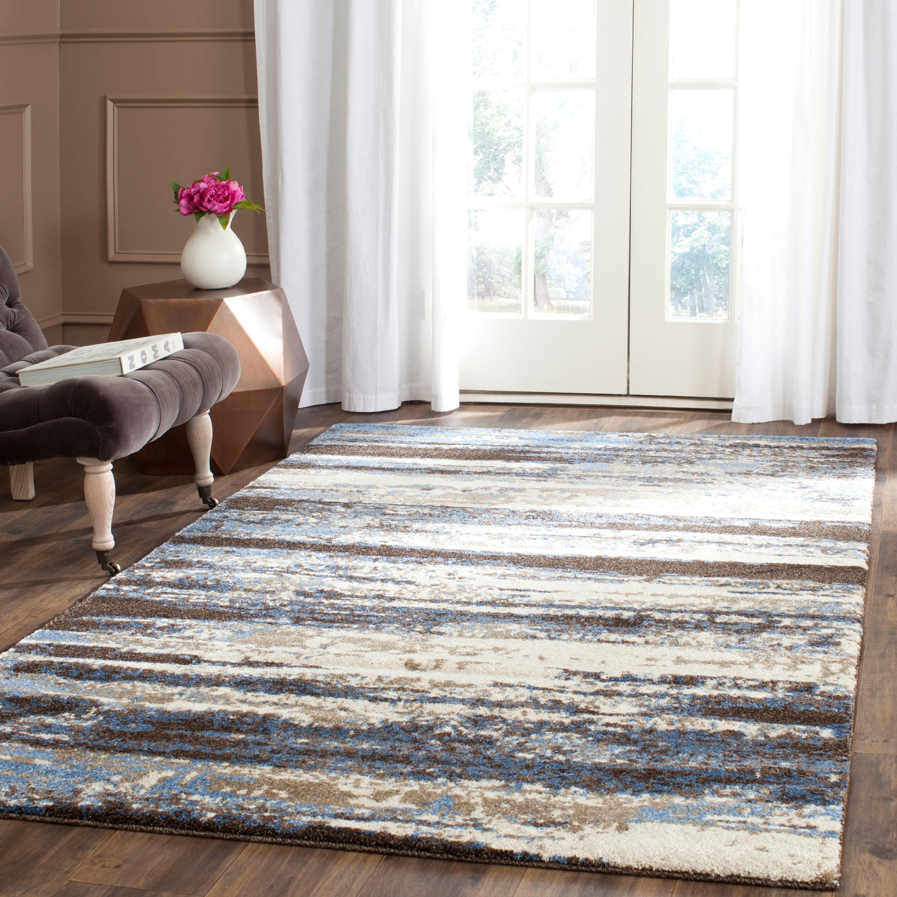 4' Square Blue and Cream Abstract Shag Rug