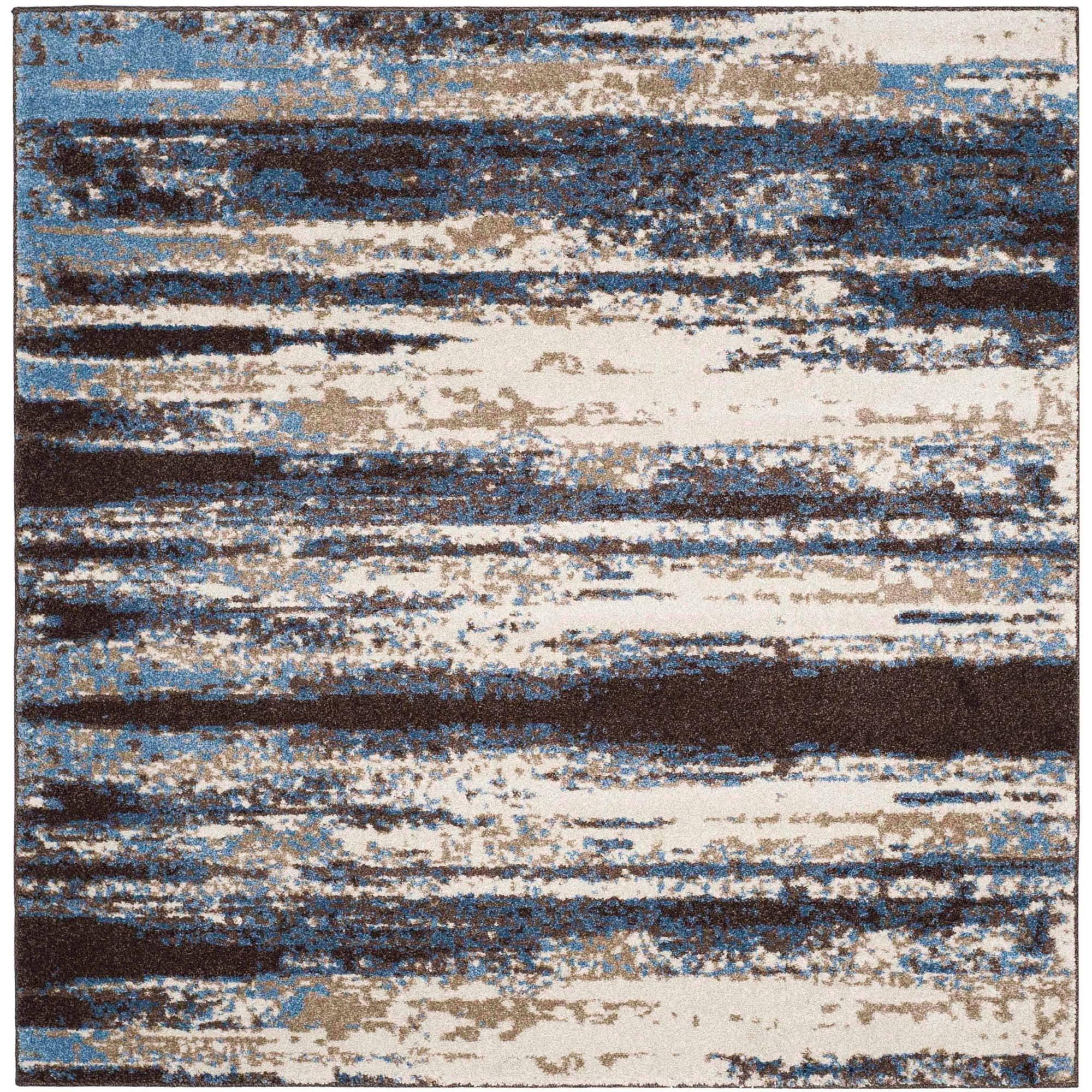 Cream and Blue Abstract Hand-Knotted Shag Rug, 6' x 6'