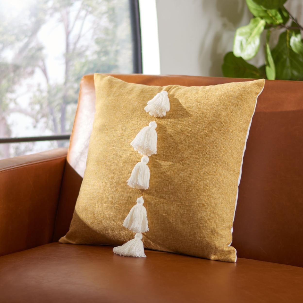 Sand Yellow Square Pillow with Tassels, 18 x 18 inches