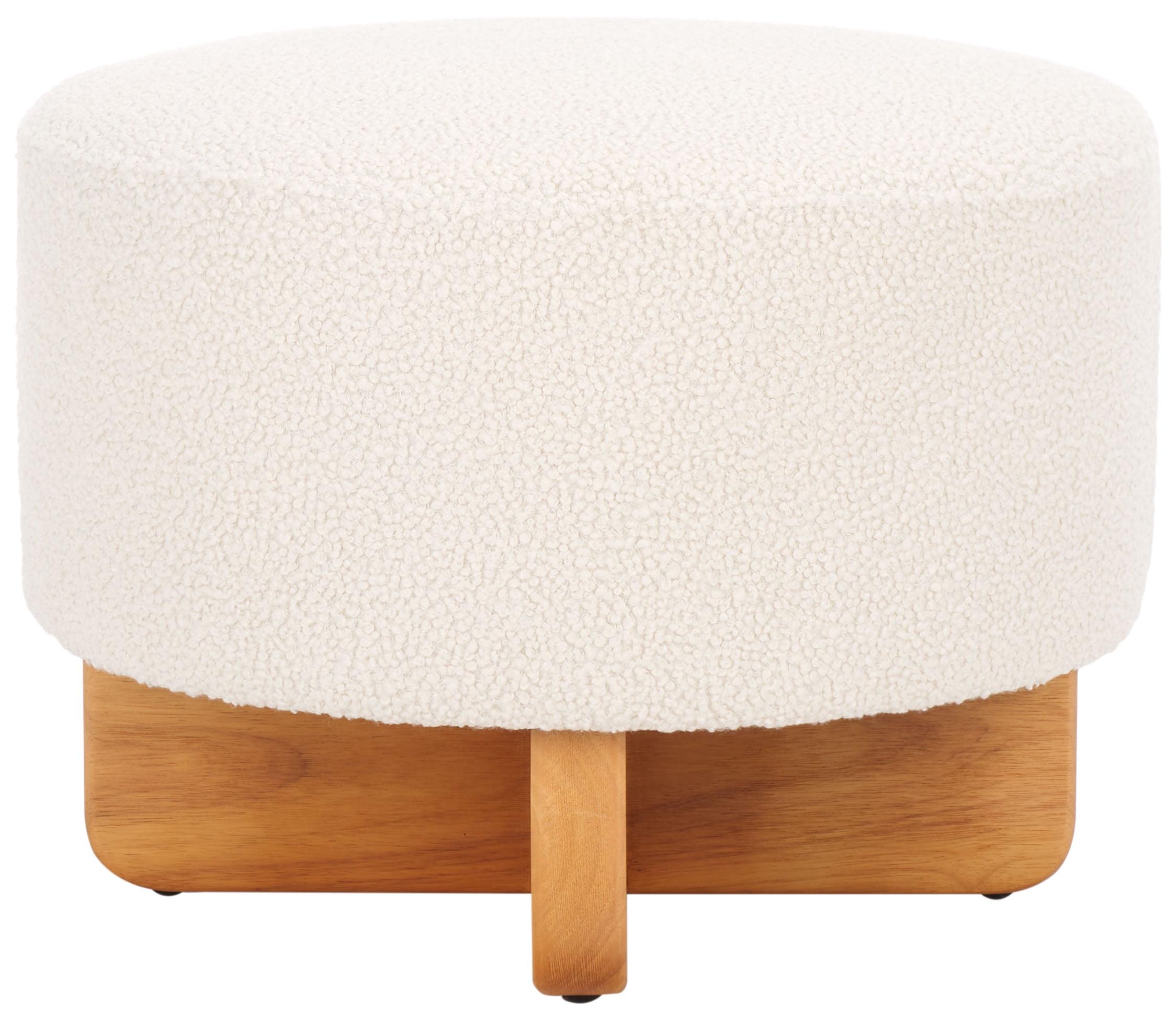 Riah Off White Boucle Round Ottoman with Natural Wood Base