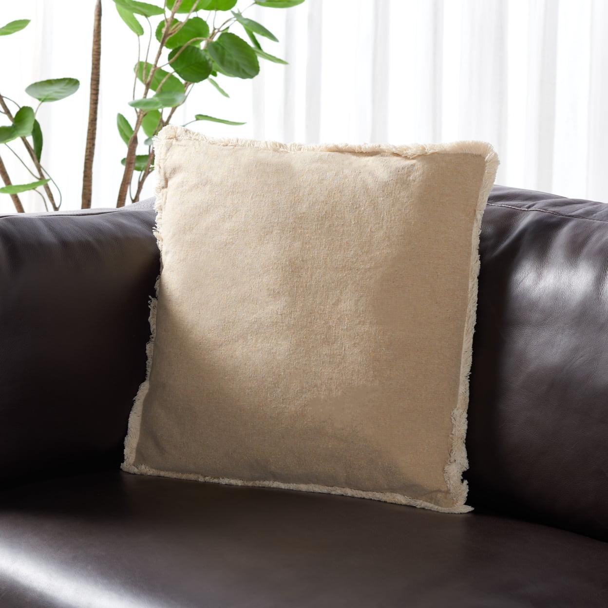 Beige and White Cotton Blend Square Throw Pillow with Fringe