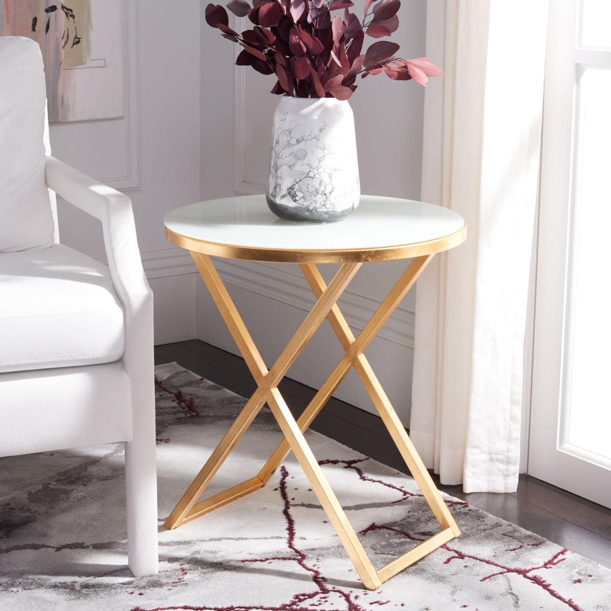 White Glass Top Round Gold Metal Accent Table