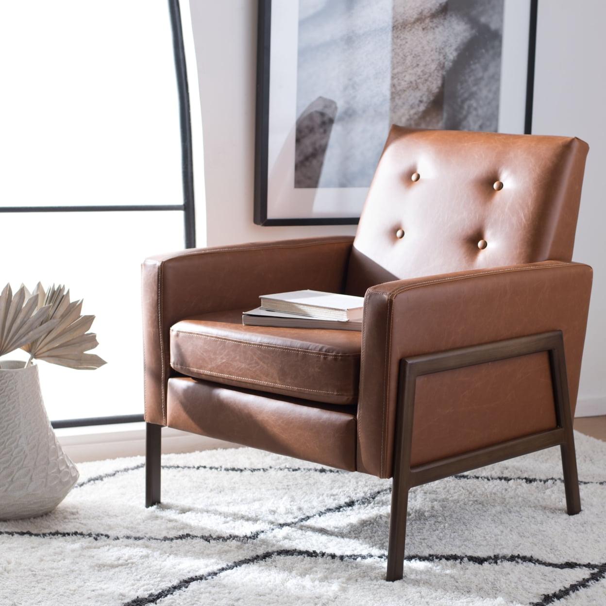 Roald Mid-Century Glam Accent Chair in Light Brown Faux Leather