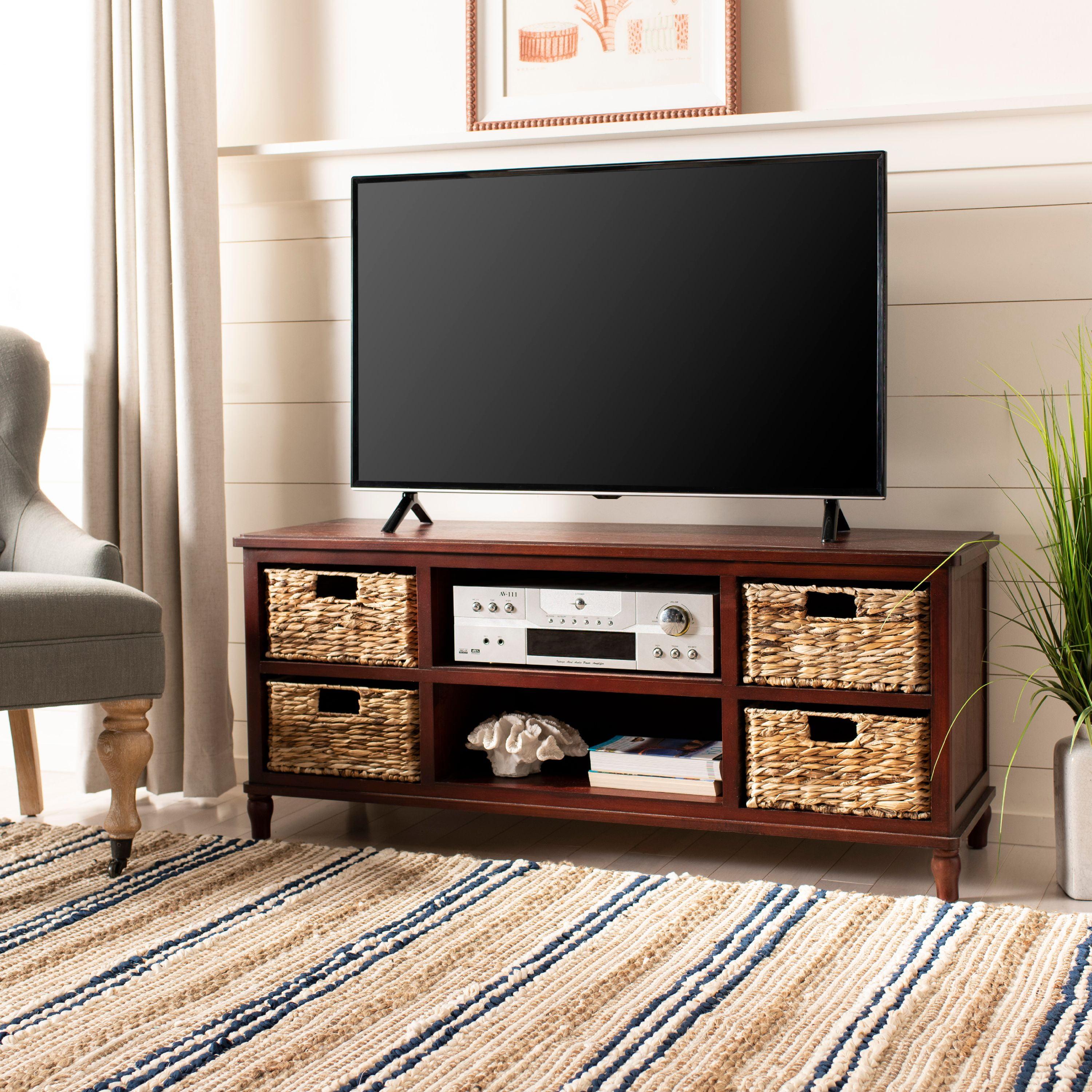 White Transitional Wood Entertainment Unit with Rattan Baskets