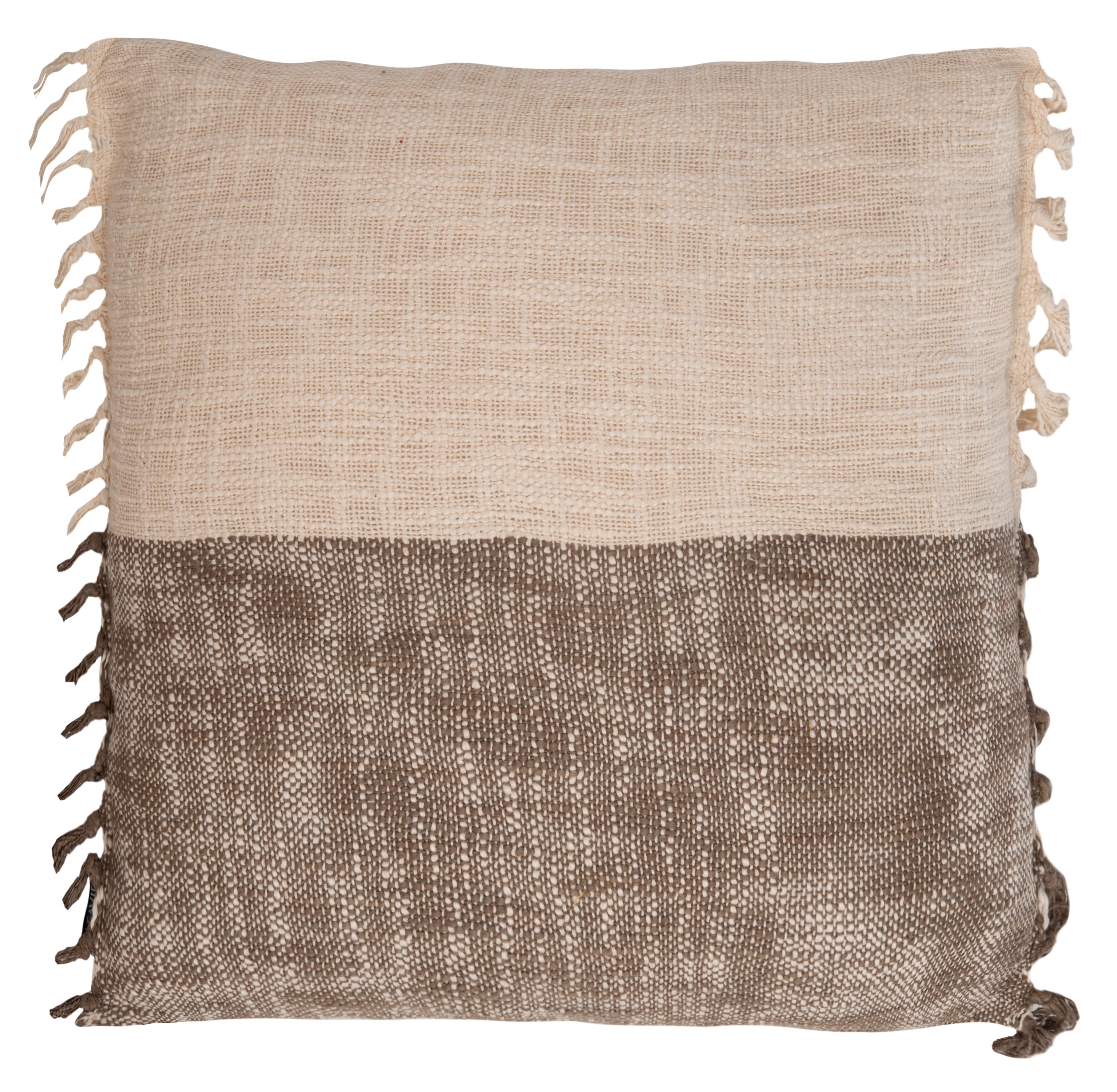 Beige and Grey Cotton Fringed Square Throw Pillow