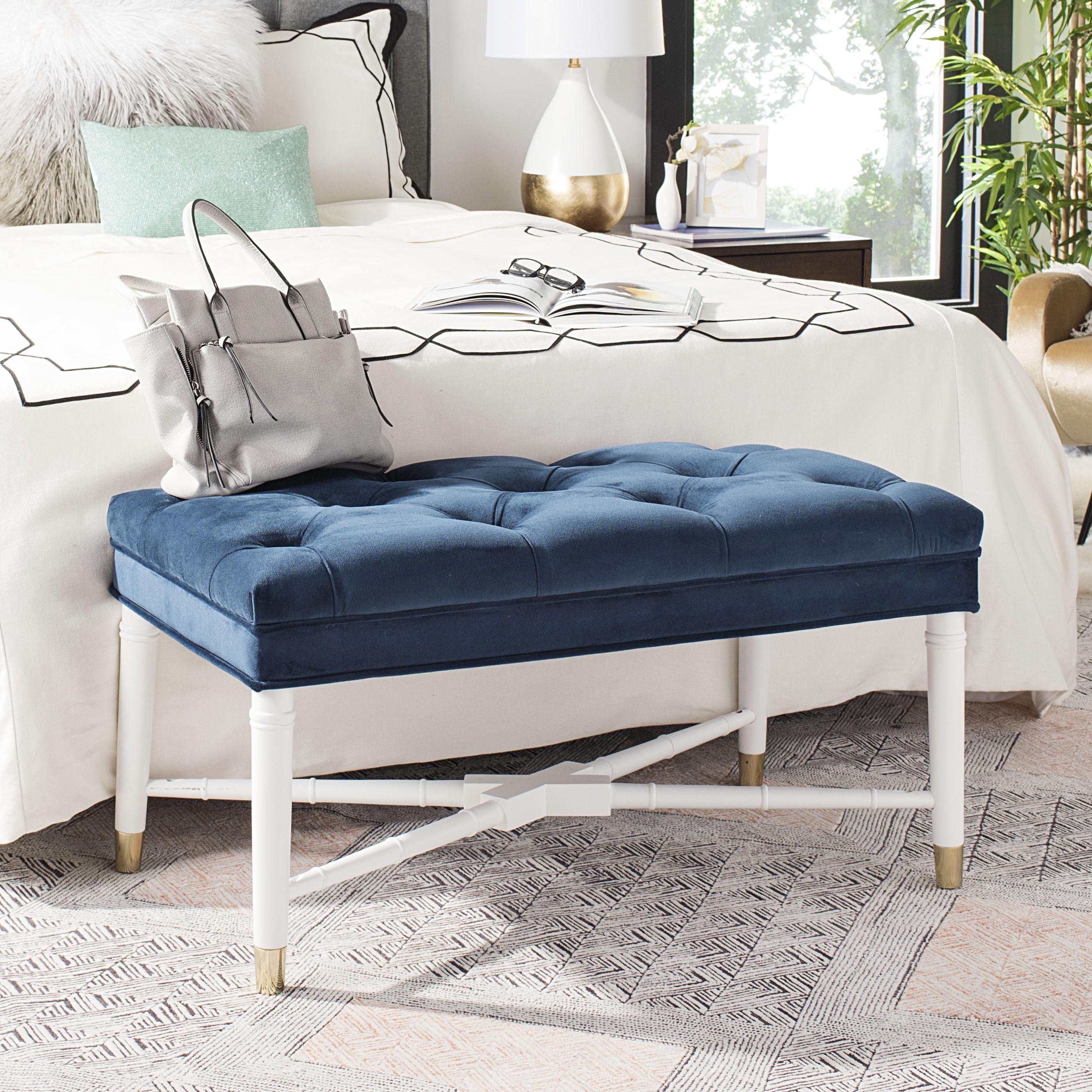 Navy Velvet Tufted Bench with White Bamboo Detail and Brass Capped Feet