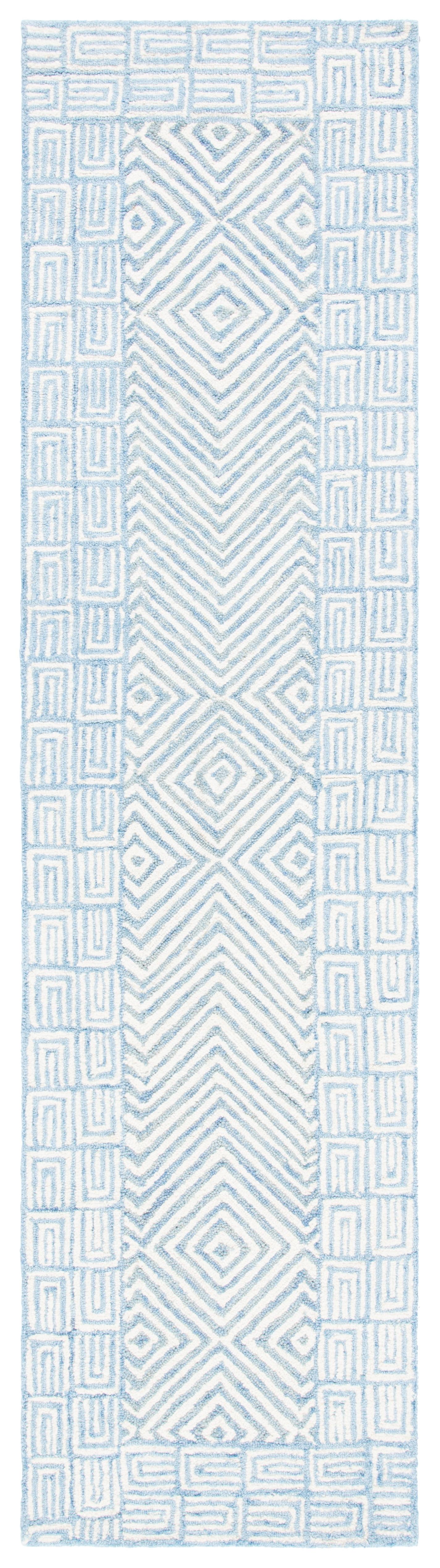 Light Blue and Ivory Wool Geometric Runner Rug