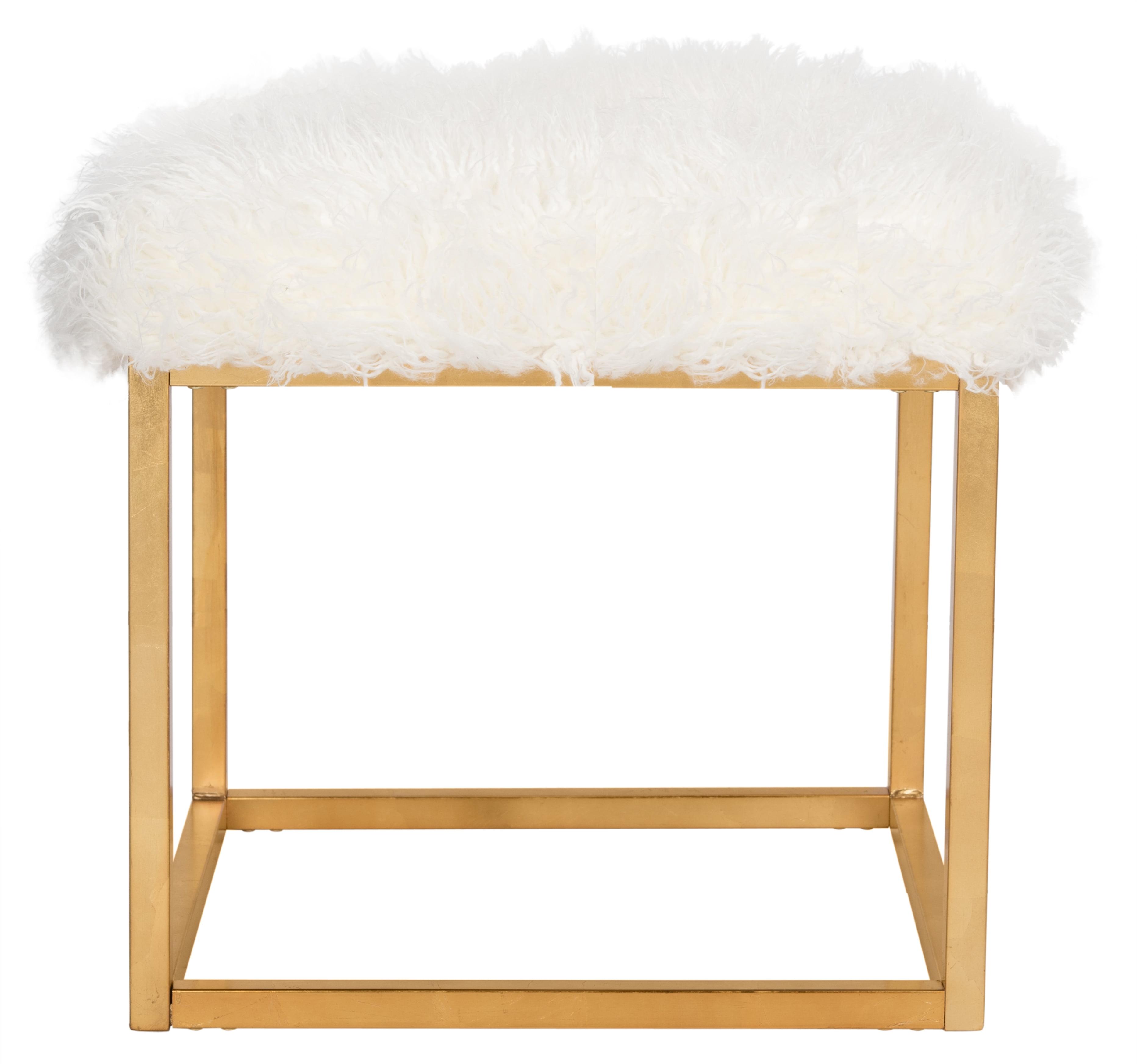 Rowan White Faux Sheepskin Square Ottoman with Gold Finish