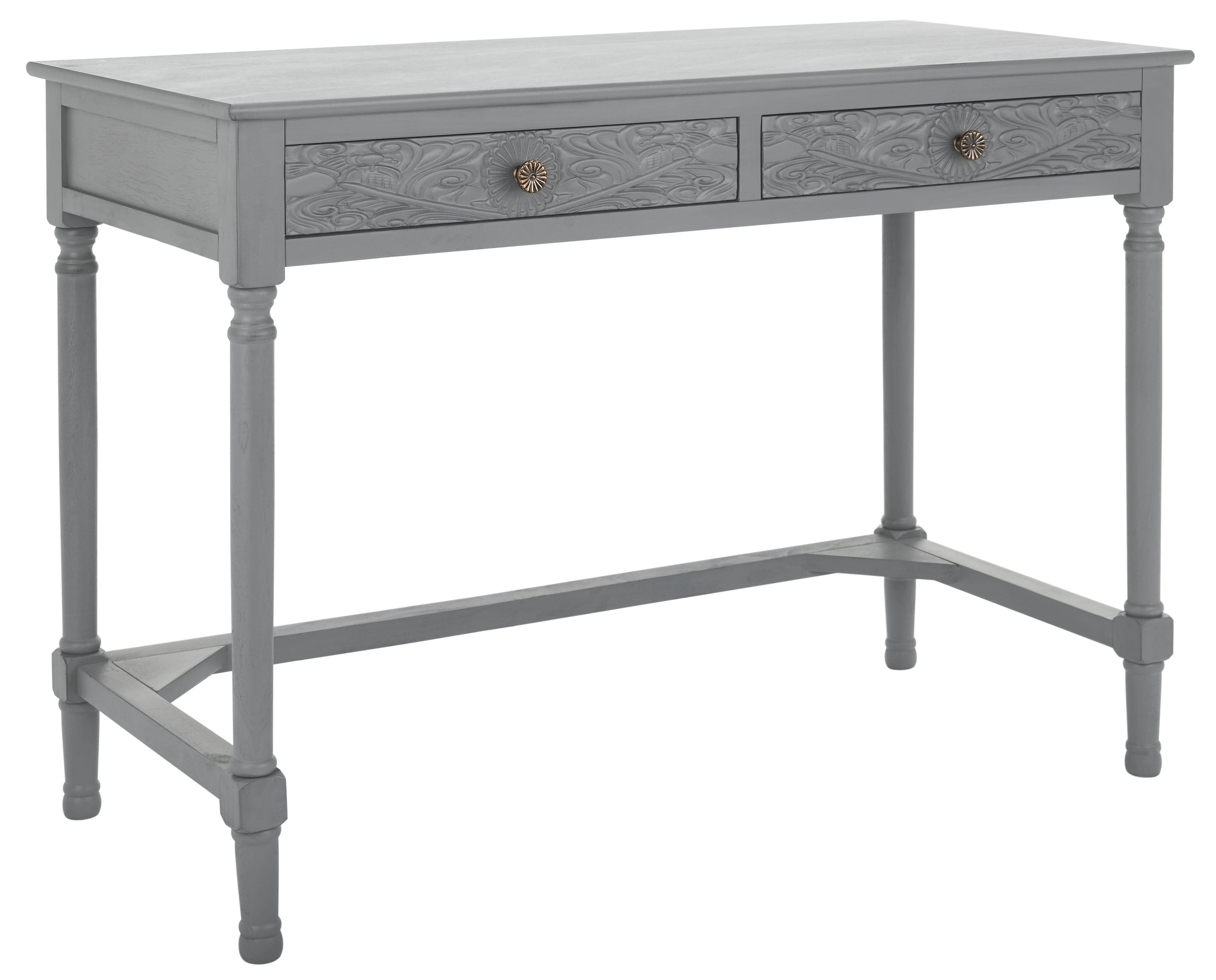 Josie Artisan Carved Floral 46" Wood Desk with Drawers in Distressed Grey