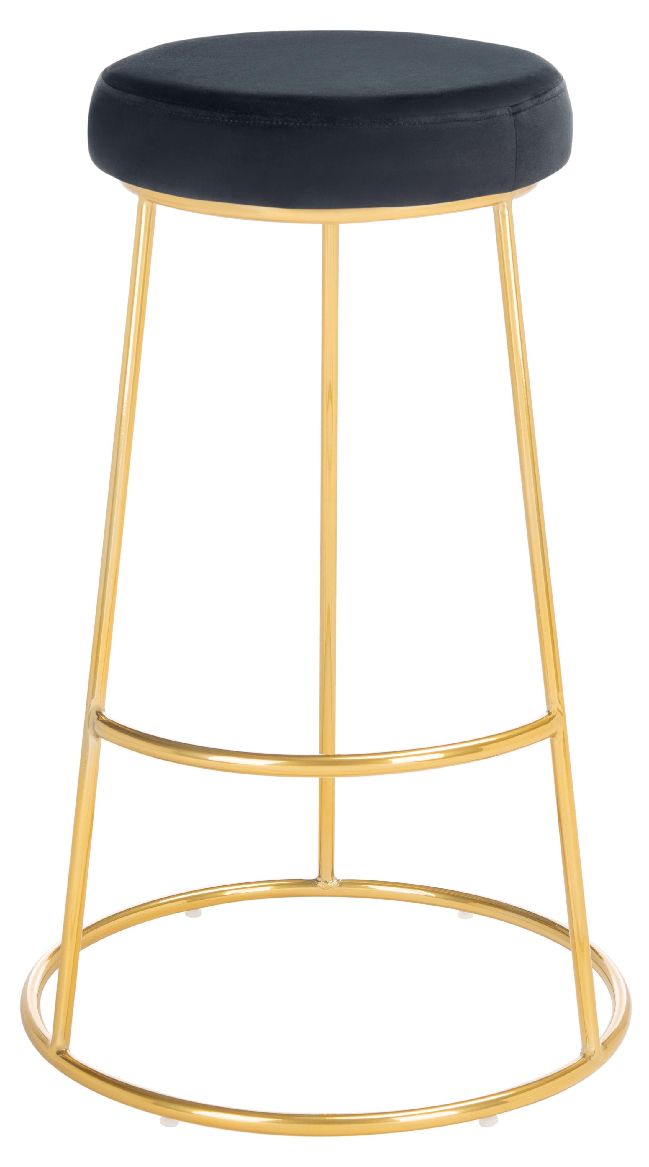 Minimalist Black Velvet and Gold Metal Round Bar Stool