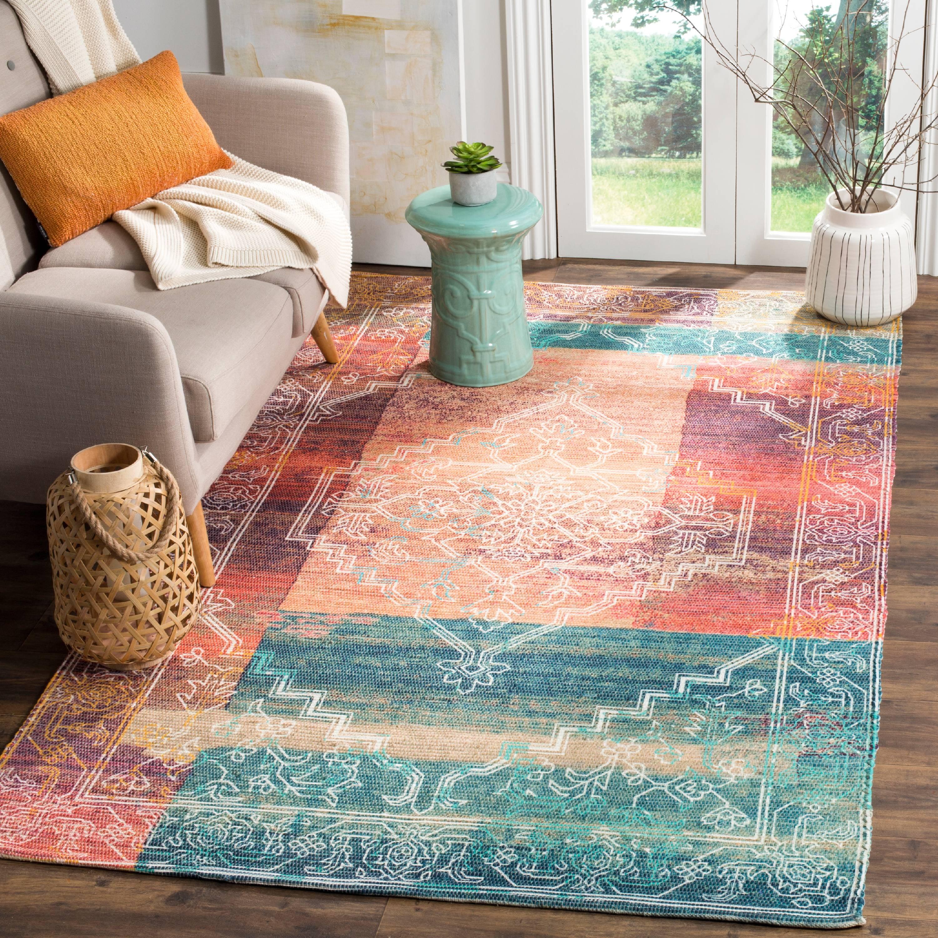 SAFAVIEH Saffron Ailin Geometric Cotton Area Rug, Coral/Aqua, 6' x 9'