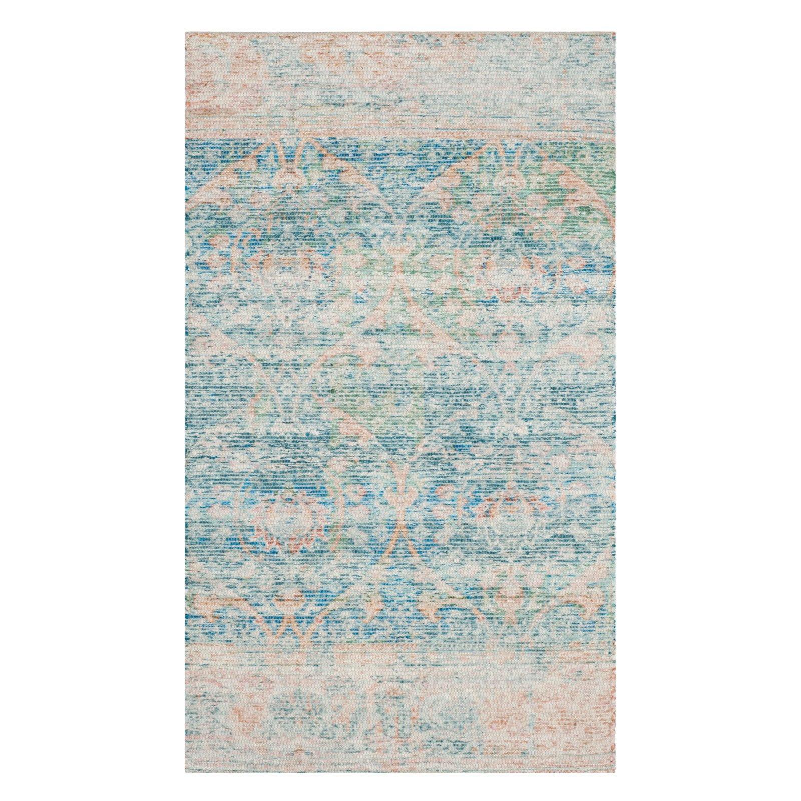 Saffron Blue and Peach Hand-Loomed Wool Cotton Area Rug